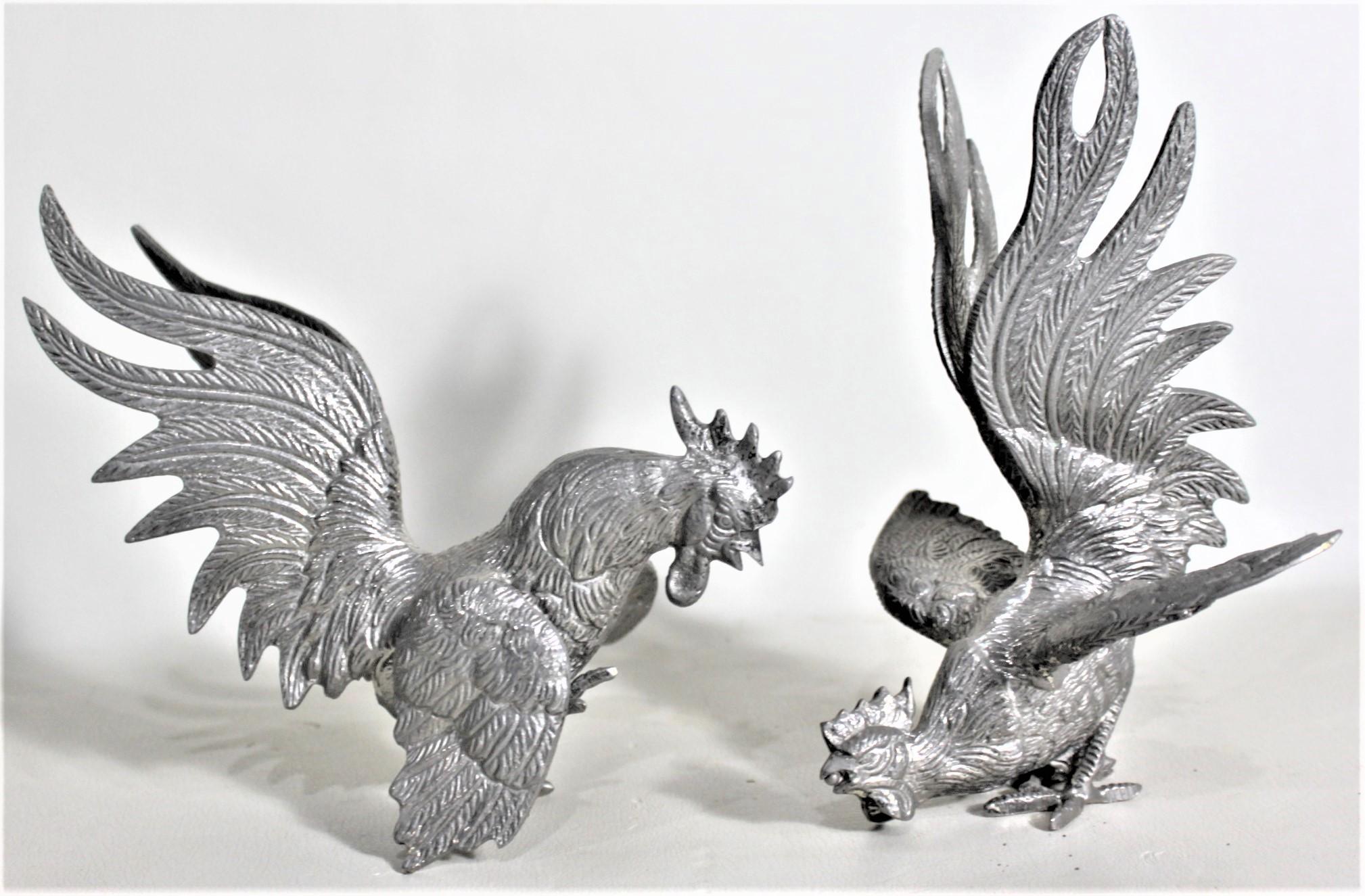 Brass Pair of Ornate Silver Plated Fighting Rooster or Cockerel Table Sculptures For Sale