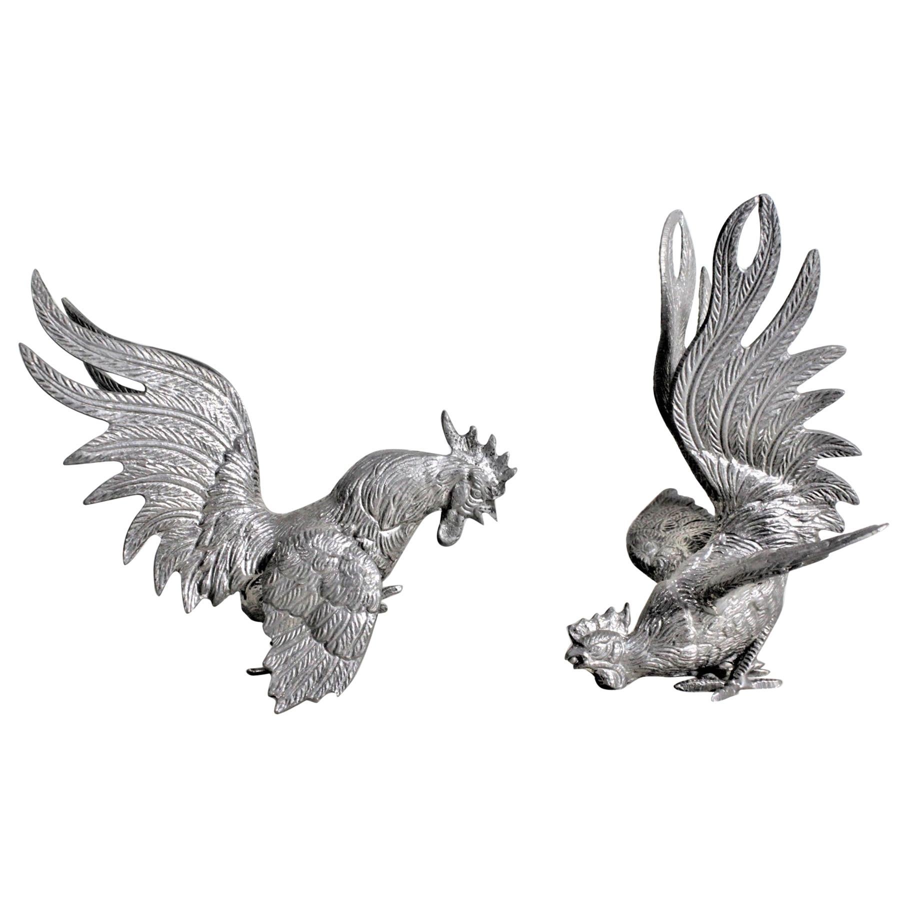 Pair of Ornate Silver Plated Fighting Rooster or Cockerel Table Sculptures