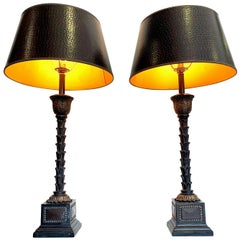 Pair of Ornate Table Lamps with Palm Tree Stems Mounted on Square Plinths