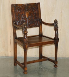 PAIR OF ORNATELY CARved NEO-GOTHIC SOLiD WALNUT 19TH CENTURY CEREMONY ARMCHAIRS