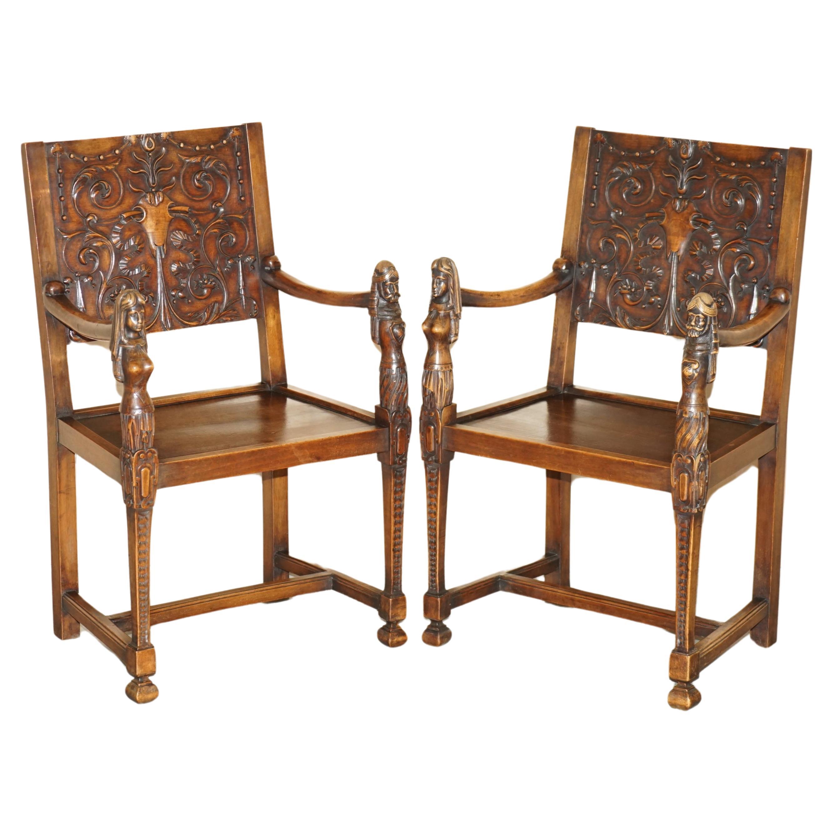 PAIR OF ORNATELY CARved NEO-GOTHIC SOLiD WALNUT 19TH CENTURY CEREMONY ARMCHAIRS im Angebot