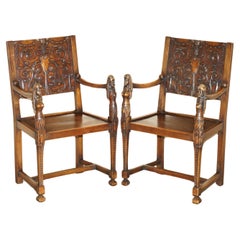 Antique PAIR OF ORNATELY CARVED NEO-GOTHIC SOLiD WALNUT 19TH CENTURY CEREMONY ARMCHAIRS
