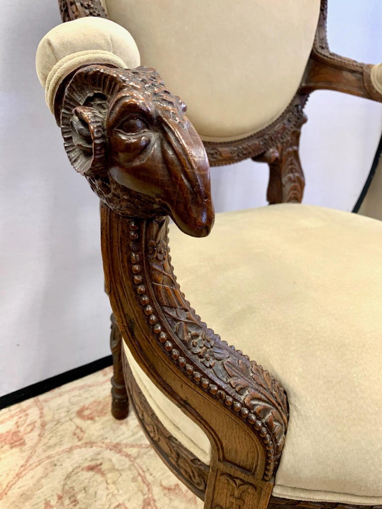 Pair of Ornately Carved Walnut Rams Head Chairs For Sale at 1stDibs