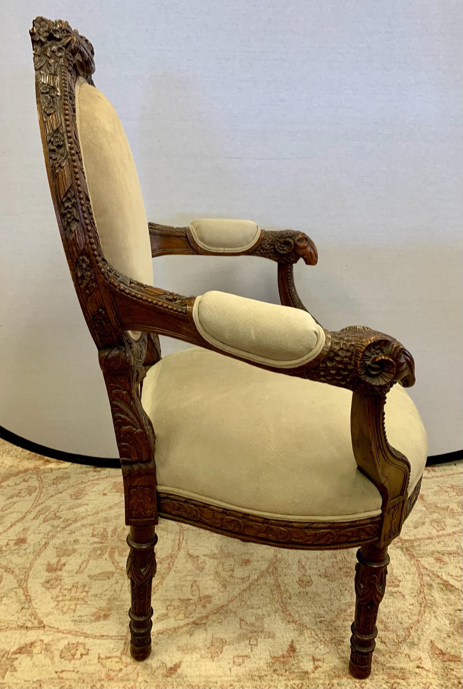 Suede Pair of Ornately Carved Walnut Rams Head Chairs