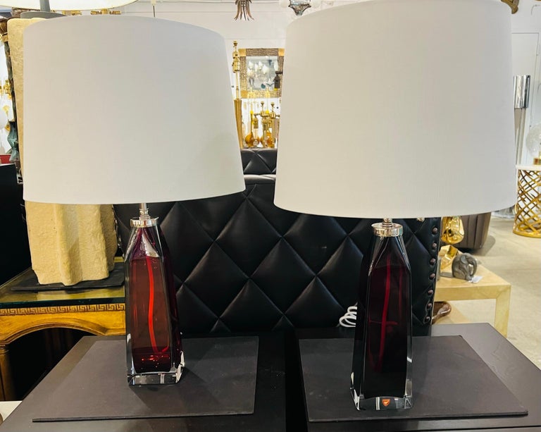 Pair of Orrefors 1960s Swedish Ruby Red Crystal Table Lamps In Excellent Condition For Sale In New York, NY