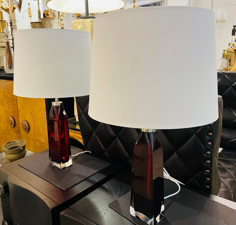 Pair of Orrefors 1960s Swedish Ruby Red Crystal Table Lamps For Sale 2