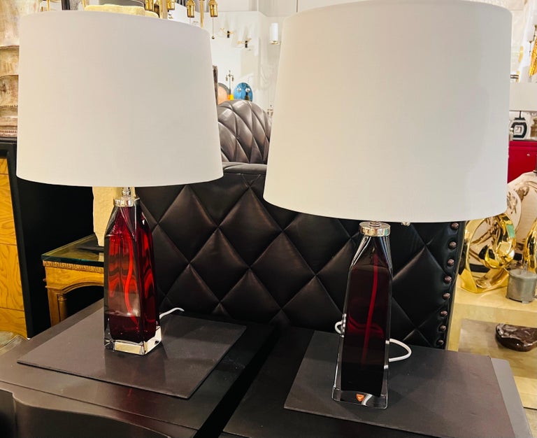 Pair of Orrefors 1960s Swedish Ruby Red Crystal Table Lamps For Sale 4