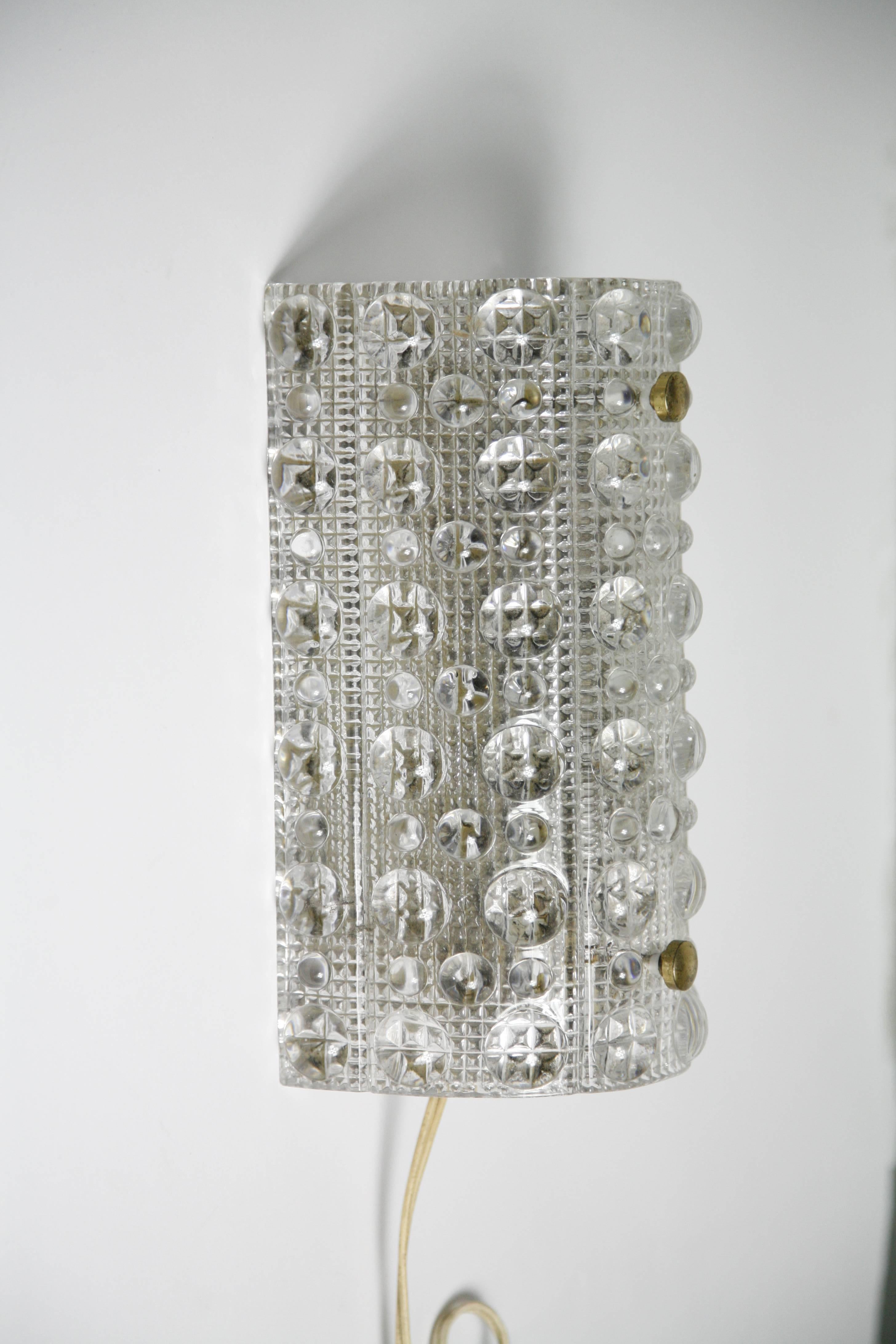 Swedish Pair of Orrefors Crystal and Brass Sconces by Carl Fagerlund, Sweden, 1950 For Sale