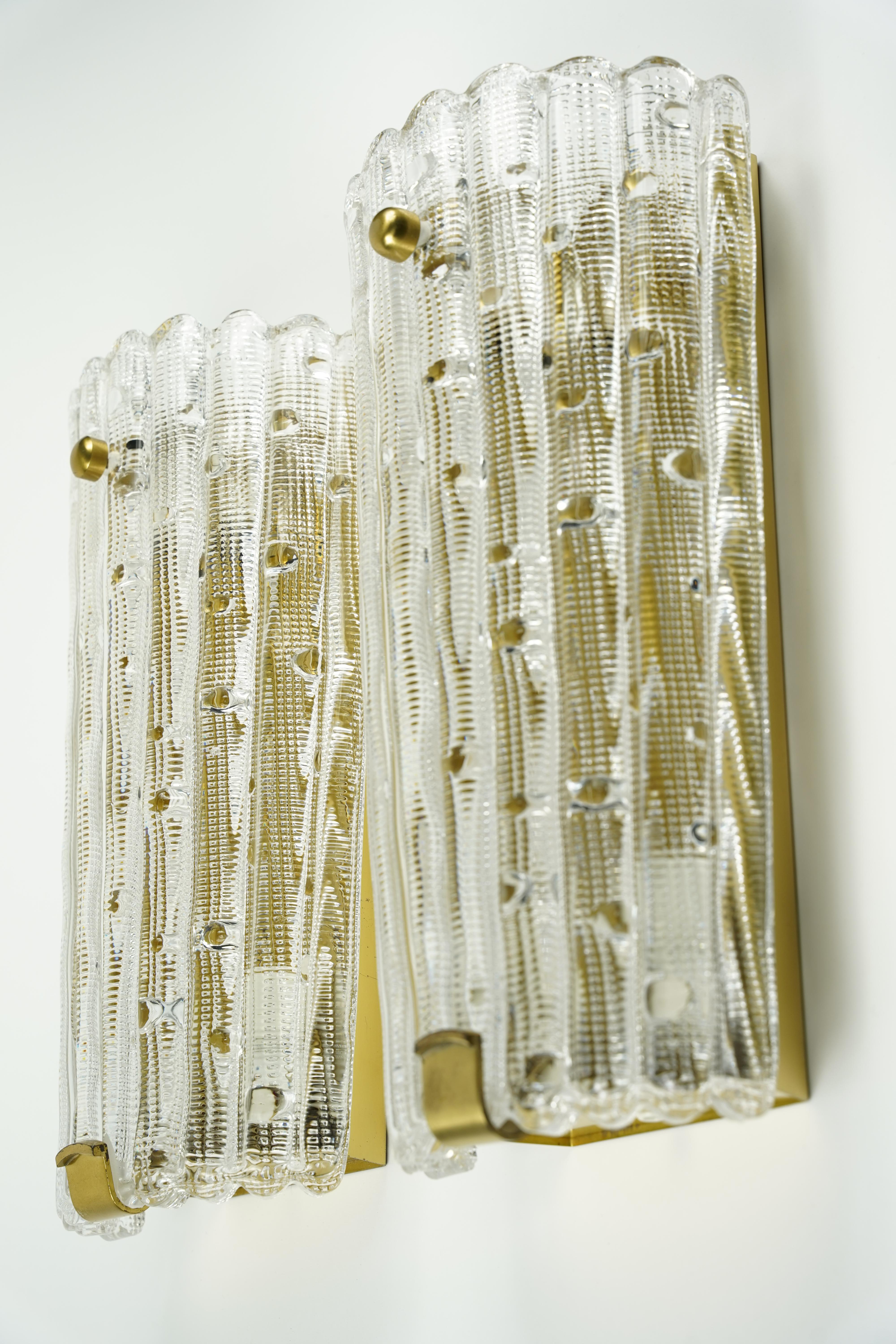 Swedish Pair of Orrefors Crystal and Brass Sconces by Carl Fagerlund, Sweden, 1950 For Sale