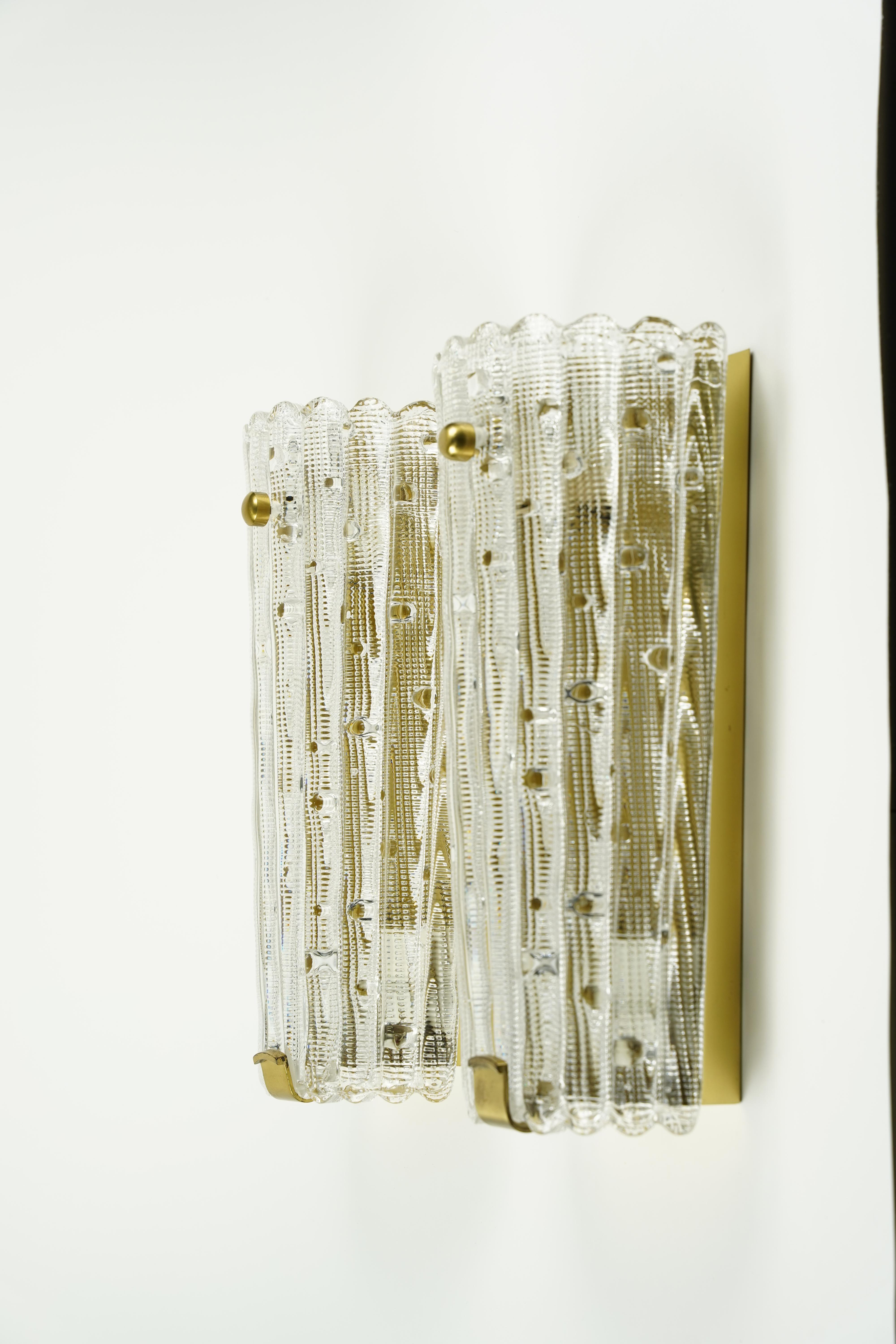 Cast Pair of Orrefors Crystal and Brass Sconces by Carl Fagerlund, Sweden, 1950 For Sale