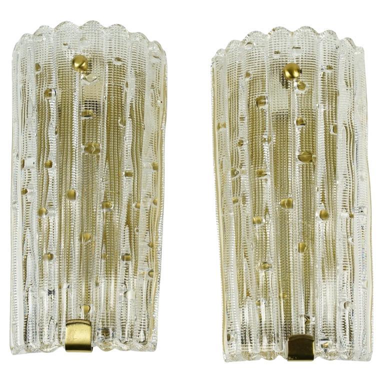 Pair of Orrefors Crystal and Brass Sconces by Carl Fagerlund, Sweden, 1950