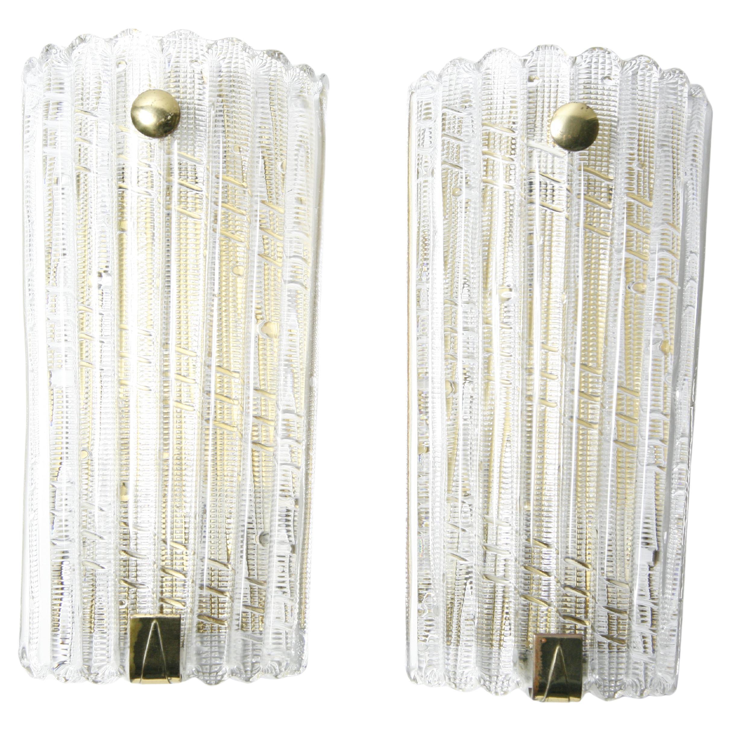 Paire d'appliques Orrefors en cristal et laiton de Carl Fagerlund, Suède, 1950