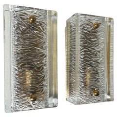 Pair of Orrefors Crystal Brass Rectangular Textured Wall Sconces, 1960s