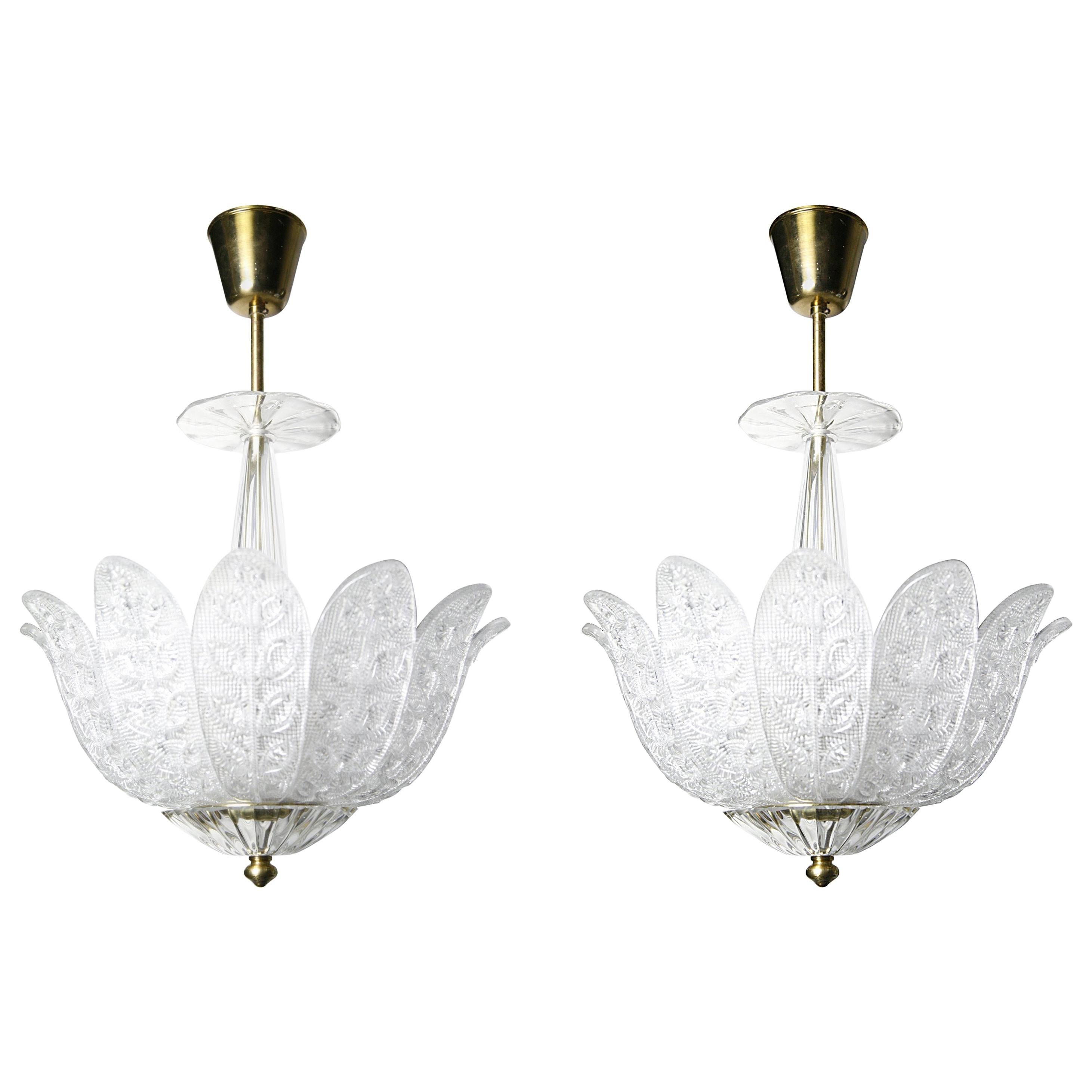 Pair of Orrefors Crystal Chandeliers in the Shape of Leaves, Sweden, 1960 For Sale
