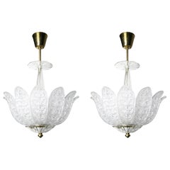 Vintage Pair of Orrefors Crystal Chandeliers in the Shape of Leaves, Sweden, 1960