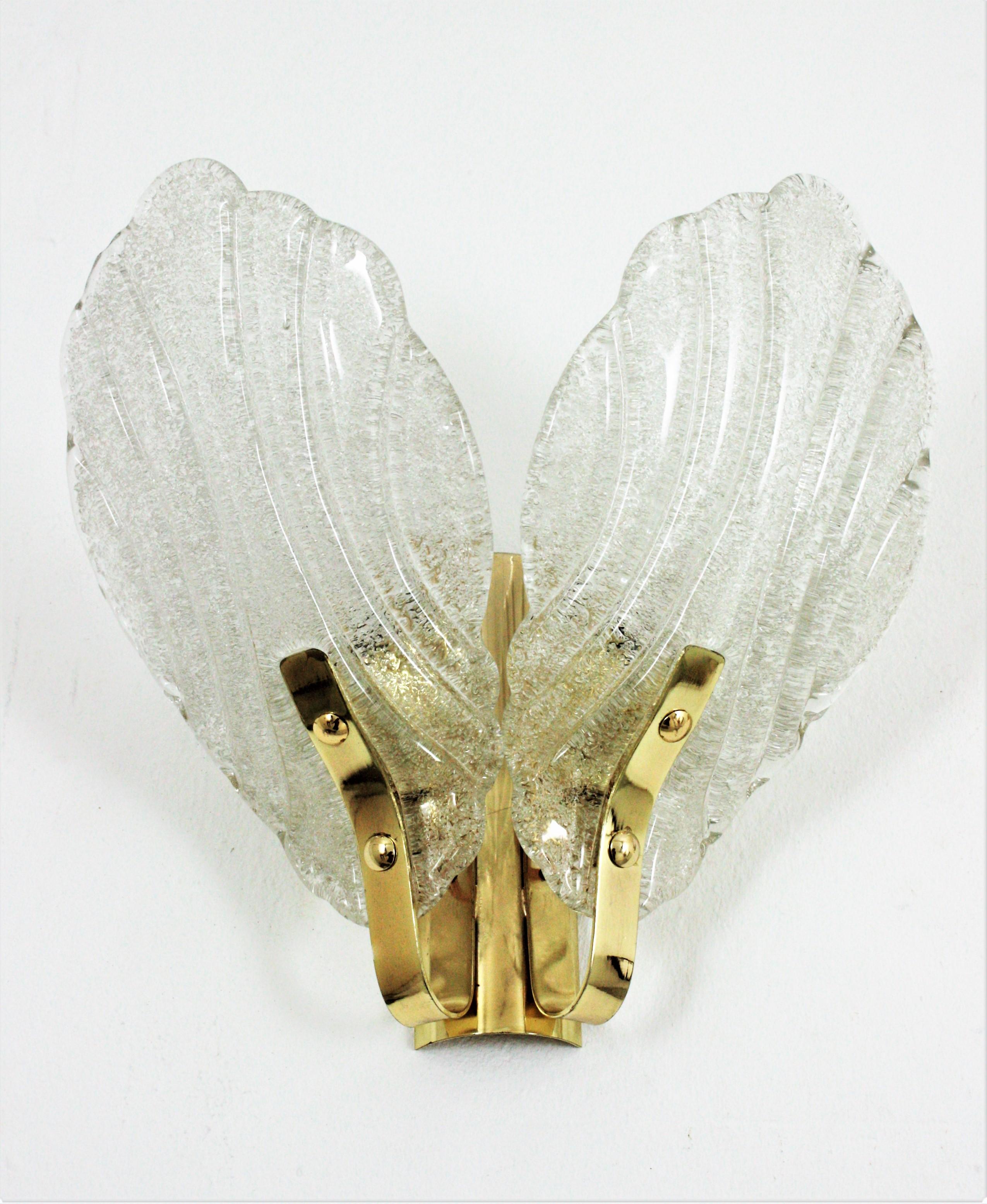 20th Century Pair of Orrefors Fagerlund Double Leaf Wall Sconces in Glass and Brass, 1960s For Sale