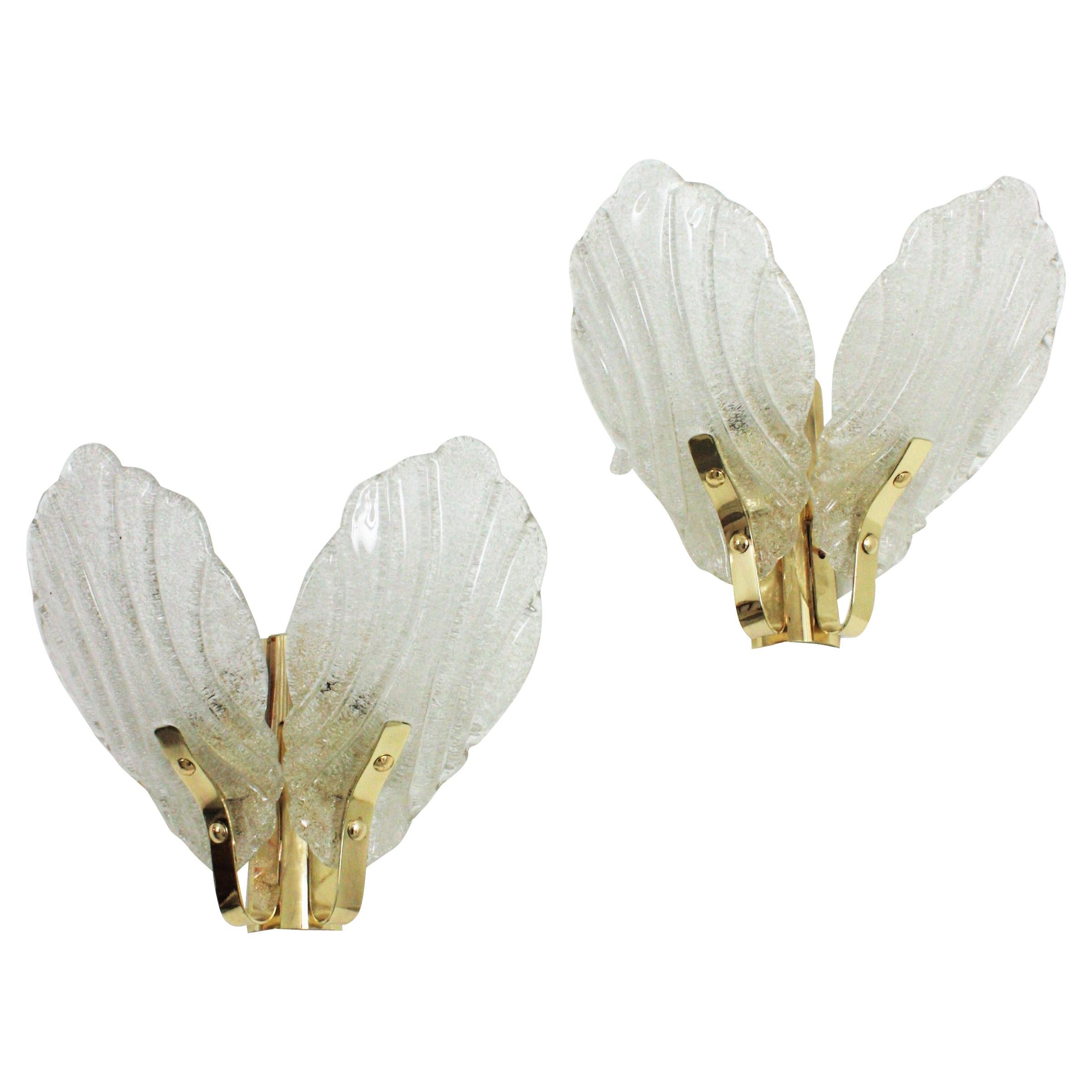 Pair of Orrefors Fagerlund Double Leaf Wall Sconces in Glass and Brass, 1960s