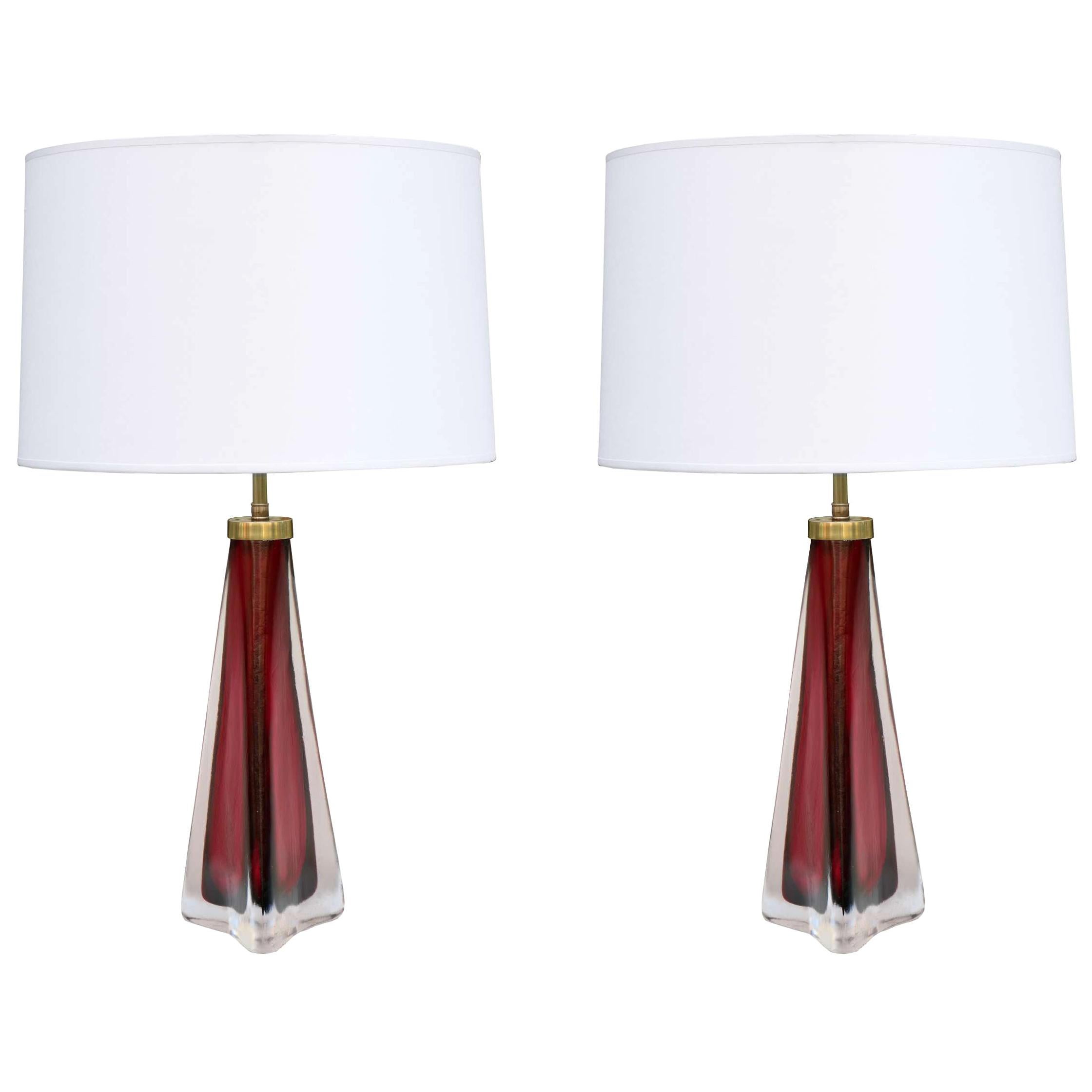 Pair of Orrefors Modernist Art Glass Table Lamps For Sale