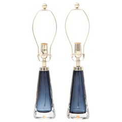 Pair of Orrefors Sapphire Blue Lamps