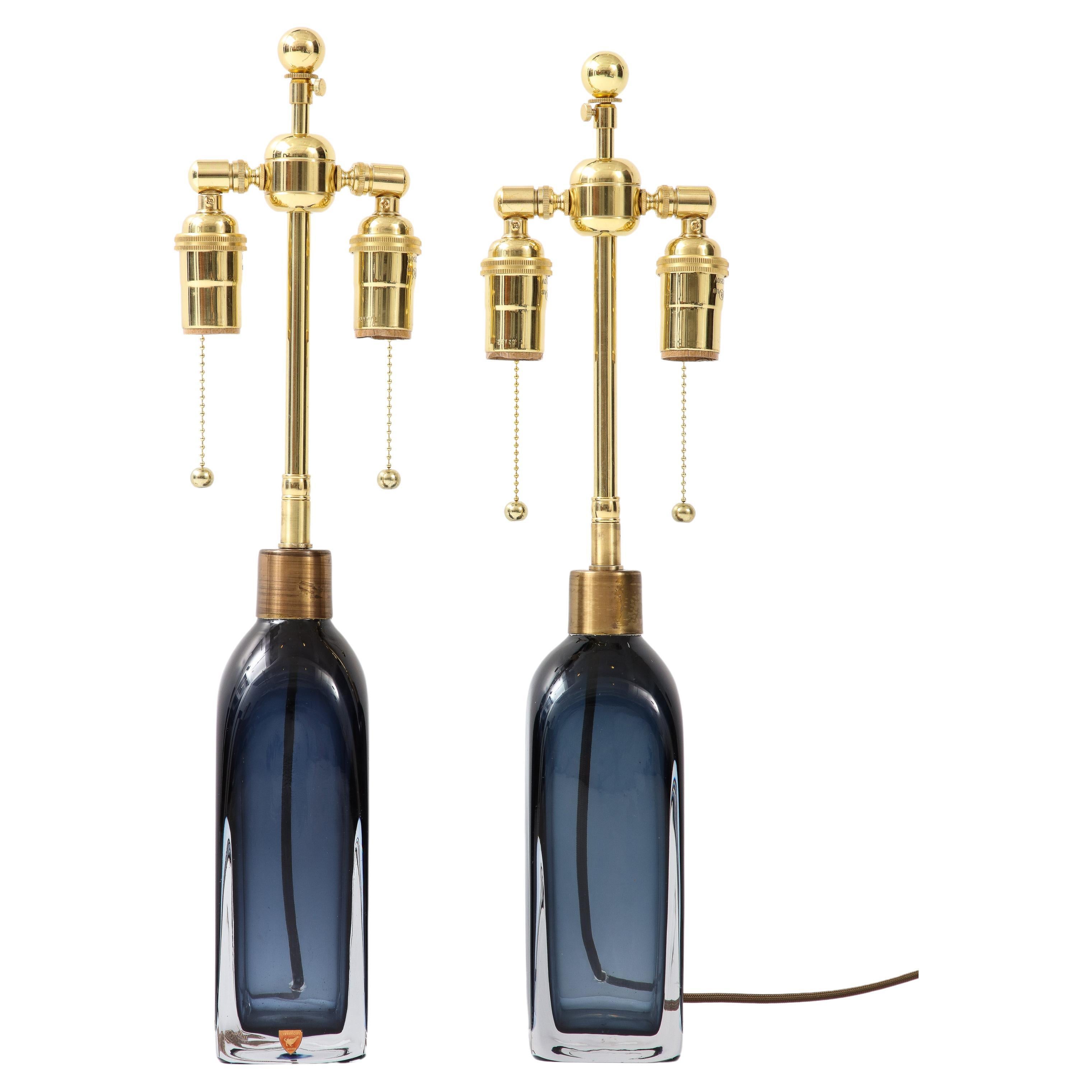 Pair of Orrefors Sapphire Blue Lamps