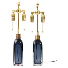 Pair of Orrefors Sapphire Blue Lamps