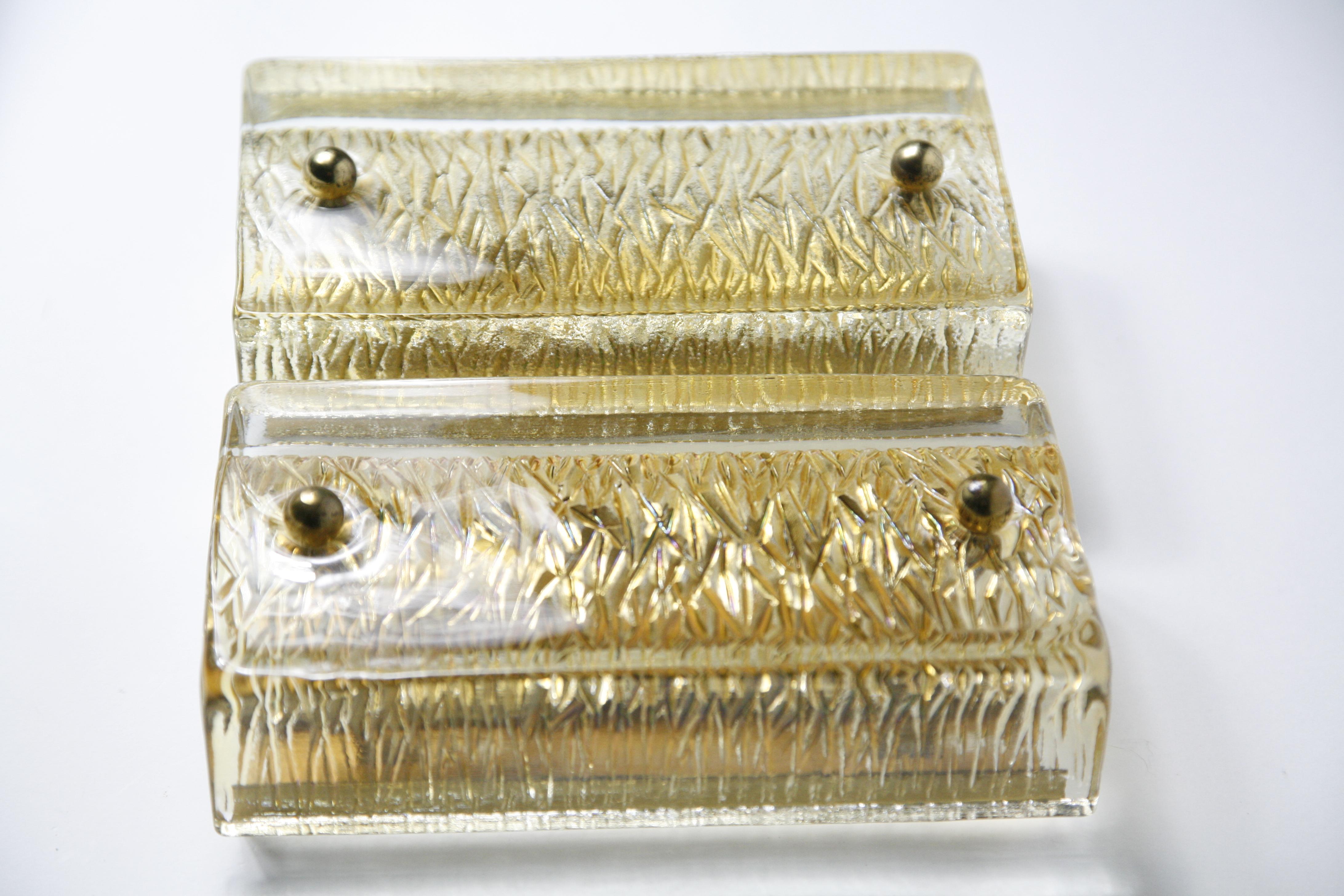 Pair of Orrefors Sconces Brass and Crystal Glass Shades by Orrefors Sweden, 1970 3
