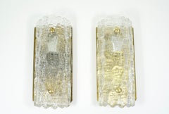 Pair of Orrefors Sconces Brass and Crystal Glass Shades by Orrefors Sweden, 1970