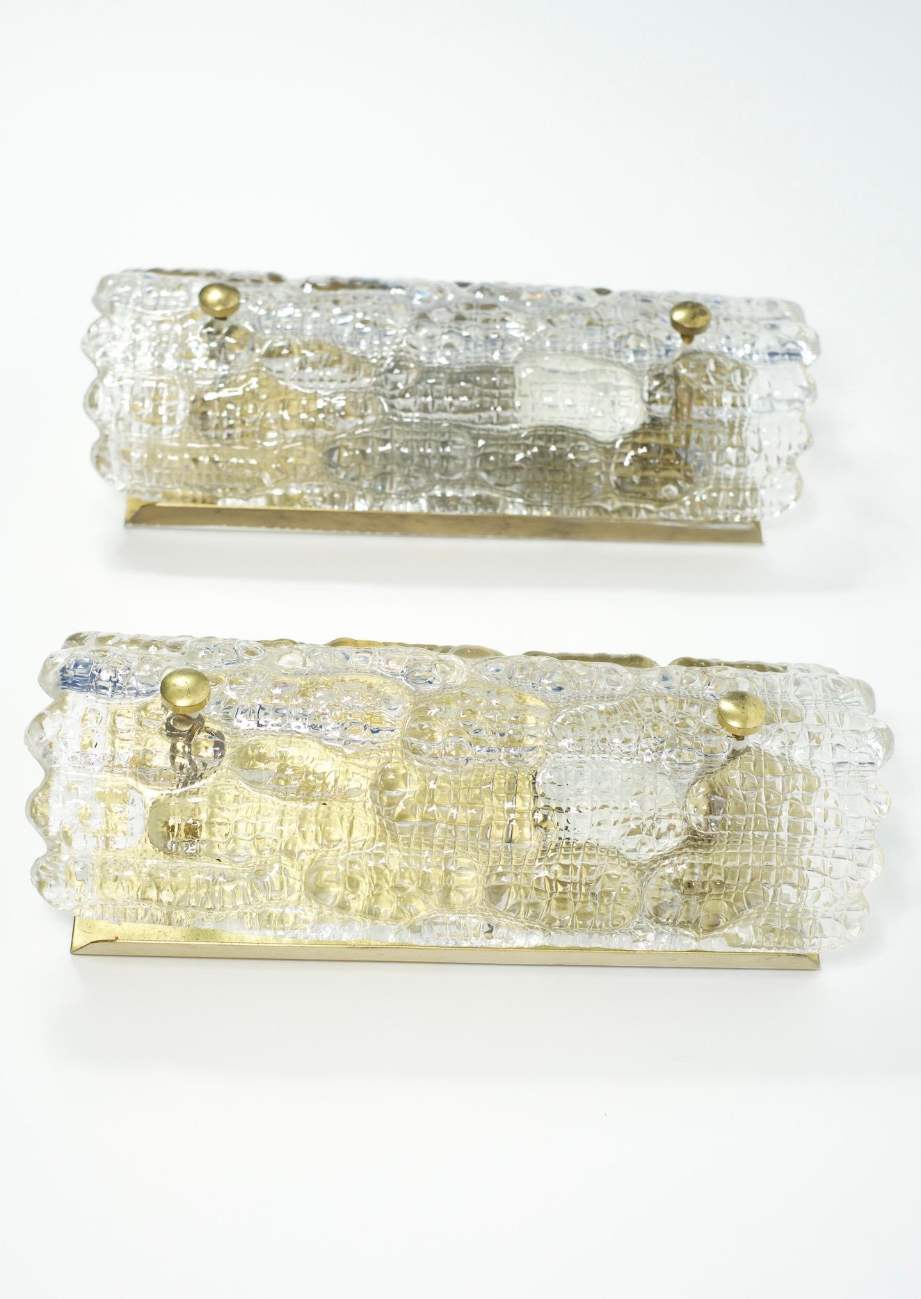 Mid-Century Modern Pair of Orrefors Sconces Brass and Crystal Glass Shades by Orrefors Sweden, 1970 For Sale