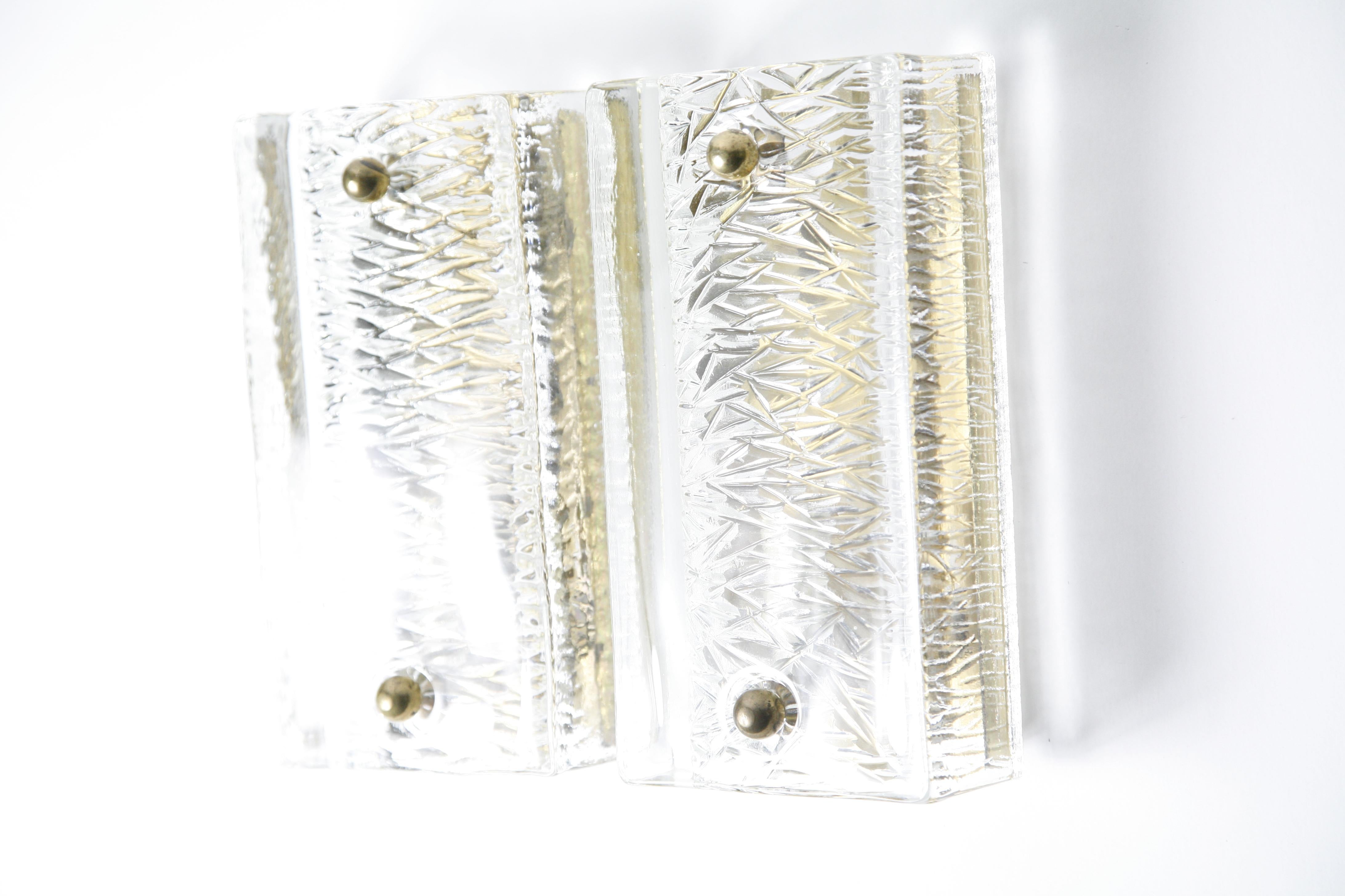 Mid-Century Modern Pair of Orrefors Sconces Brass and Crystal Glass Shades by Orrefors Sweden, 1970