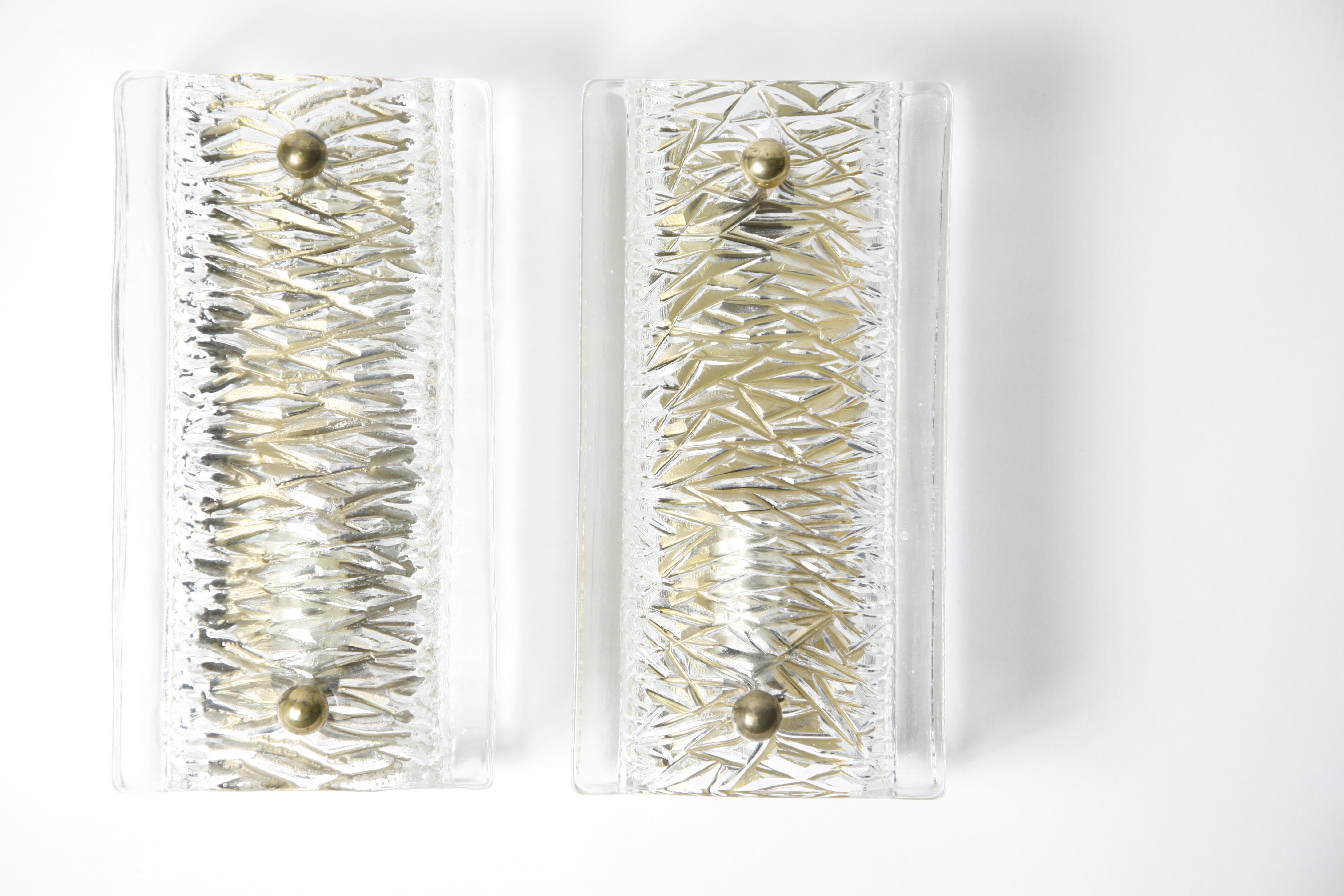 Mid-Century Modern Pair of Orrefors Sconces Brass and Glass Shades by Orrefors Sweden, 1970 For Sale