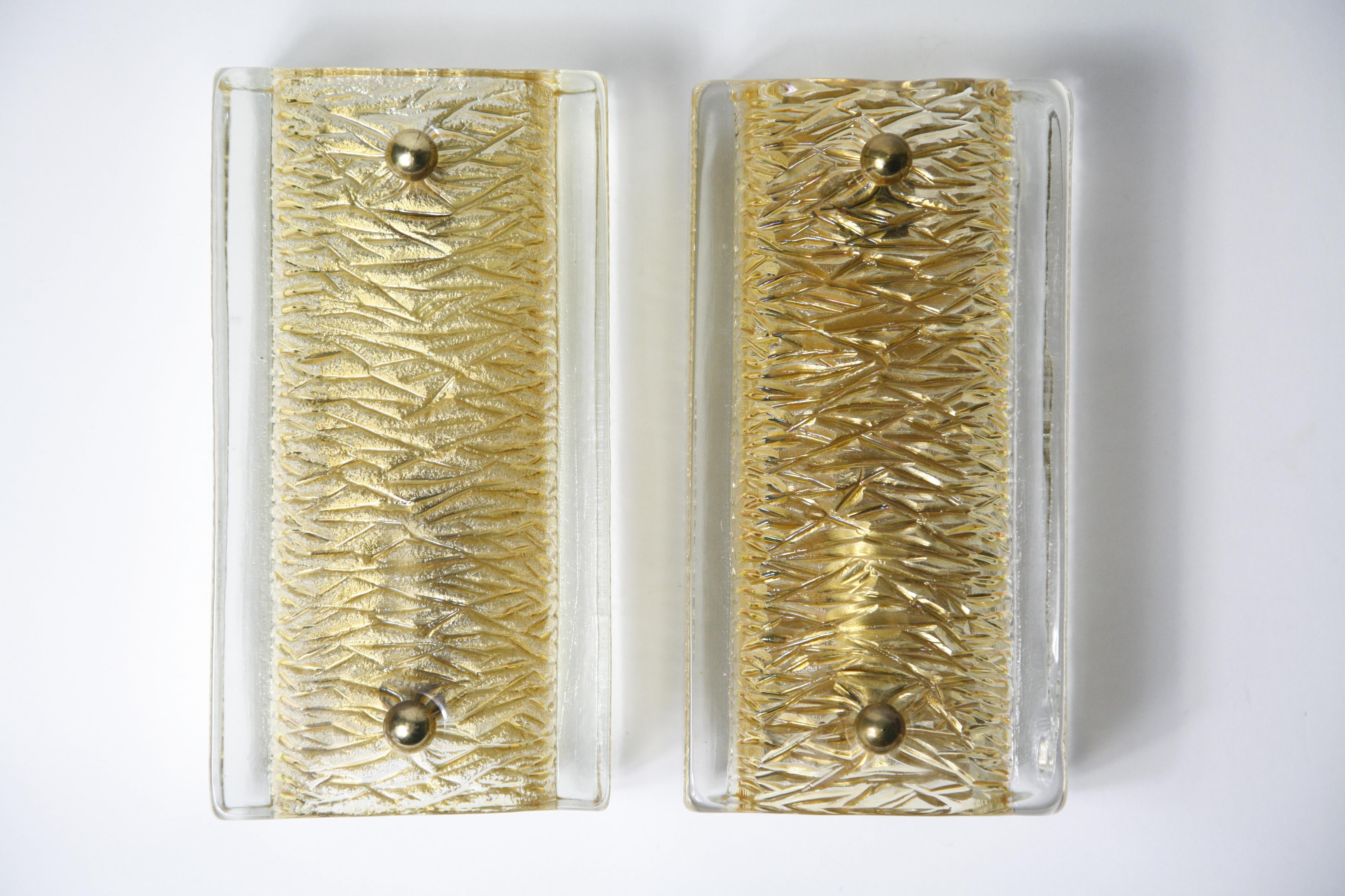 Mid-Century Modern Pair of Orrefors Sconces Brass and Crystal Glass Shades by Orrefors Sweden, 1970