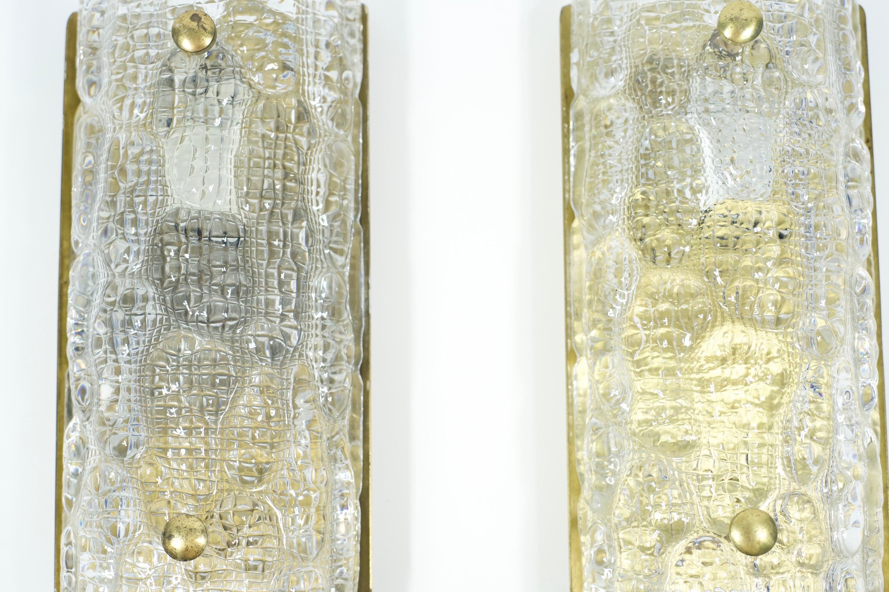 Swedish Pair of Orrefors Sconces Brass and Crystal Glass Shades by Orrefors Sweden, 1970 For Sale