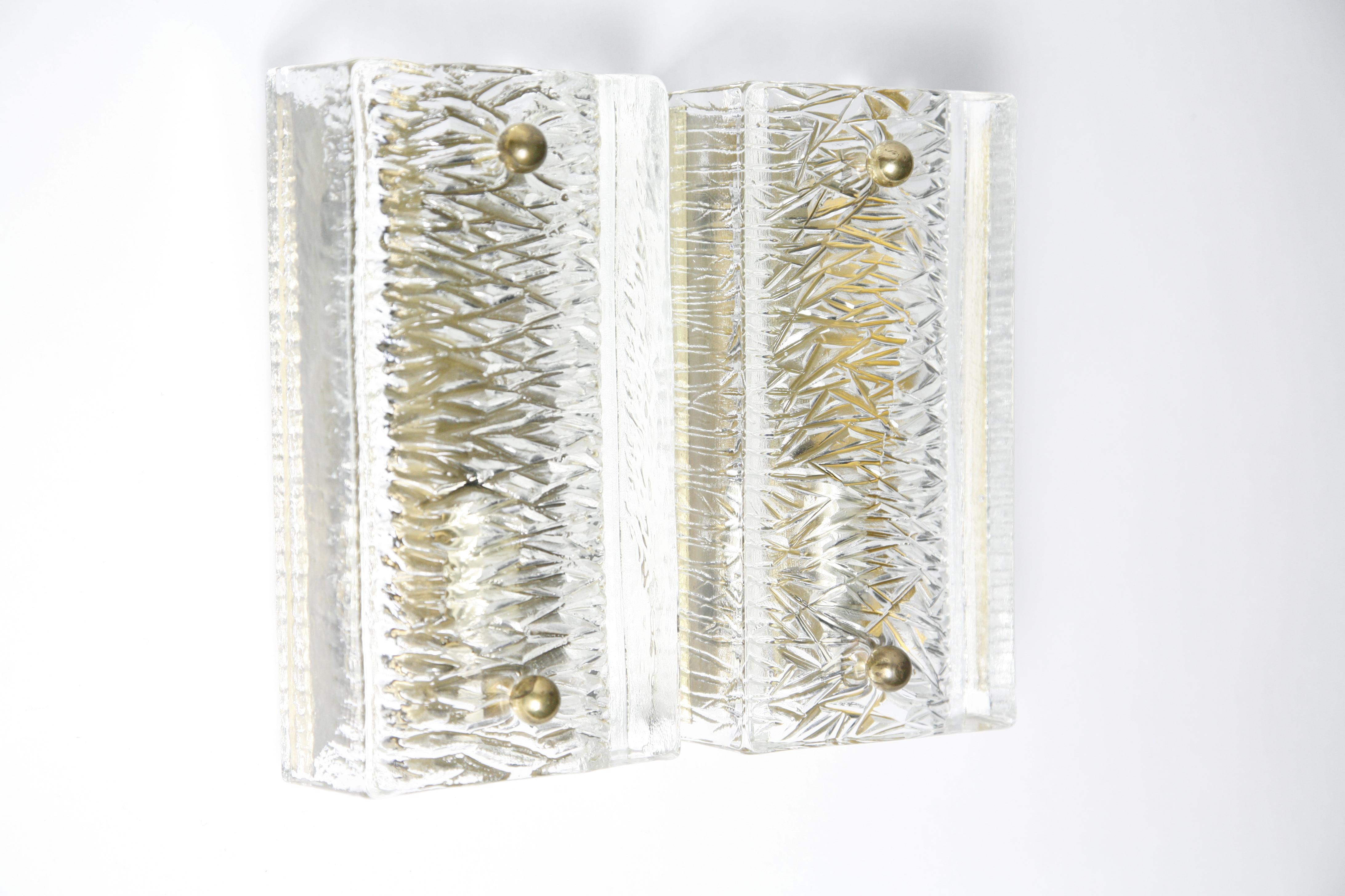 Swedish Pair of Orrefors Sconces Brass and Crystal Glass Shades by Orrefors Sweden, 1970