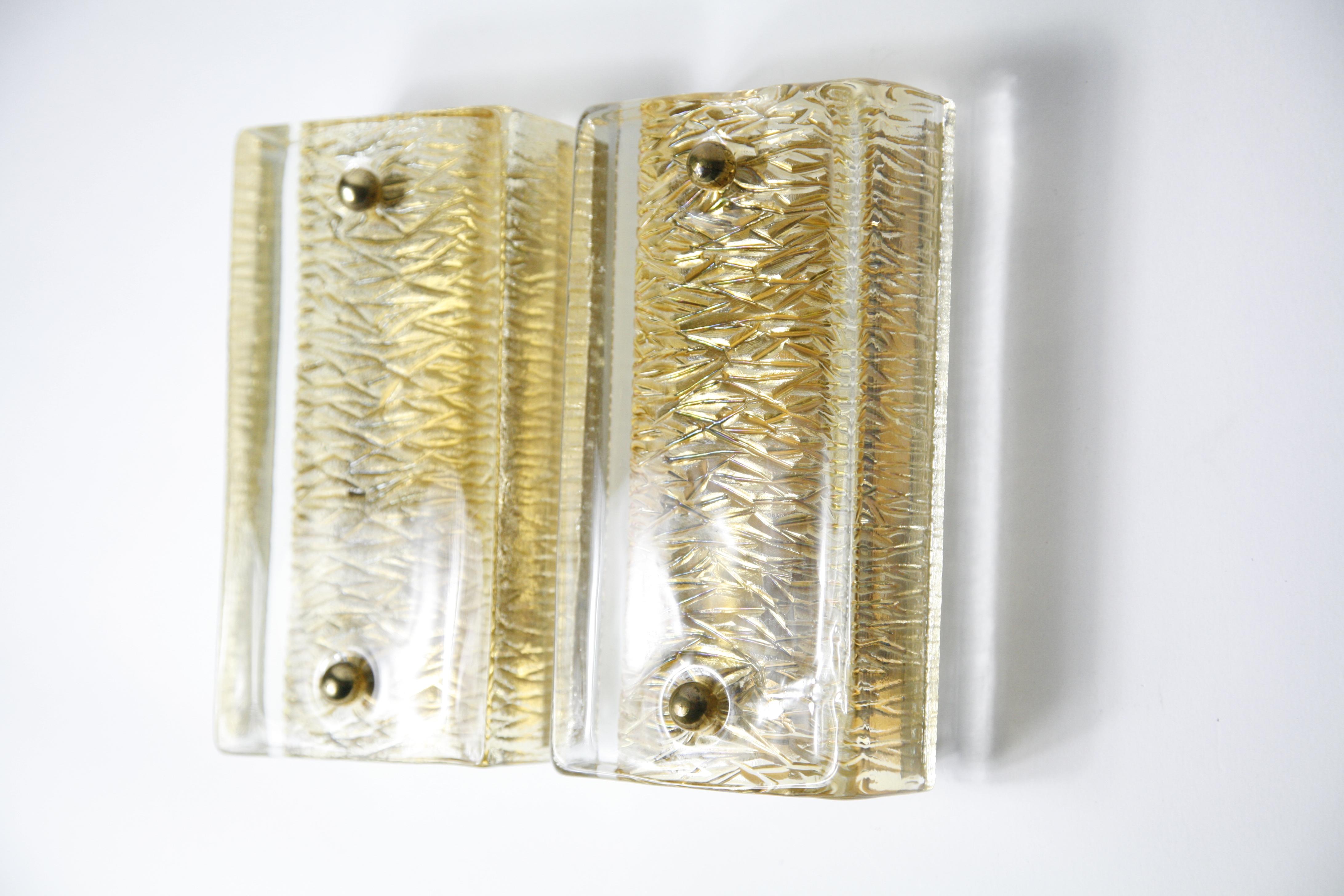 Swedish Pair of Orrefors Sconces Brass and Crystal Glass Shades by Orrefors Sweden, 1970
