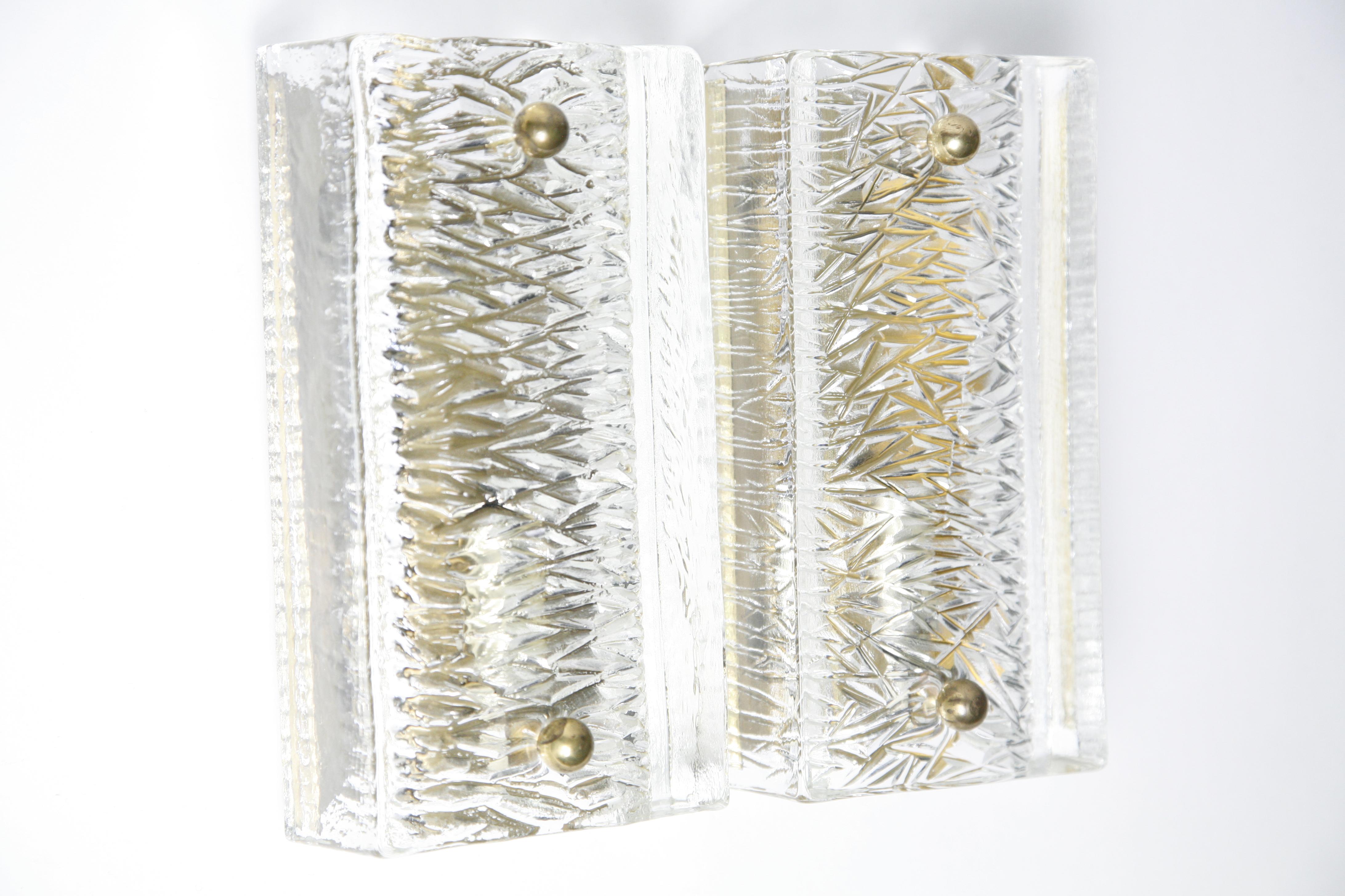 Cast Pair of Orrefors Sconces Brass and Crystal Glass Shades by Orrefors Sweden, 1970