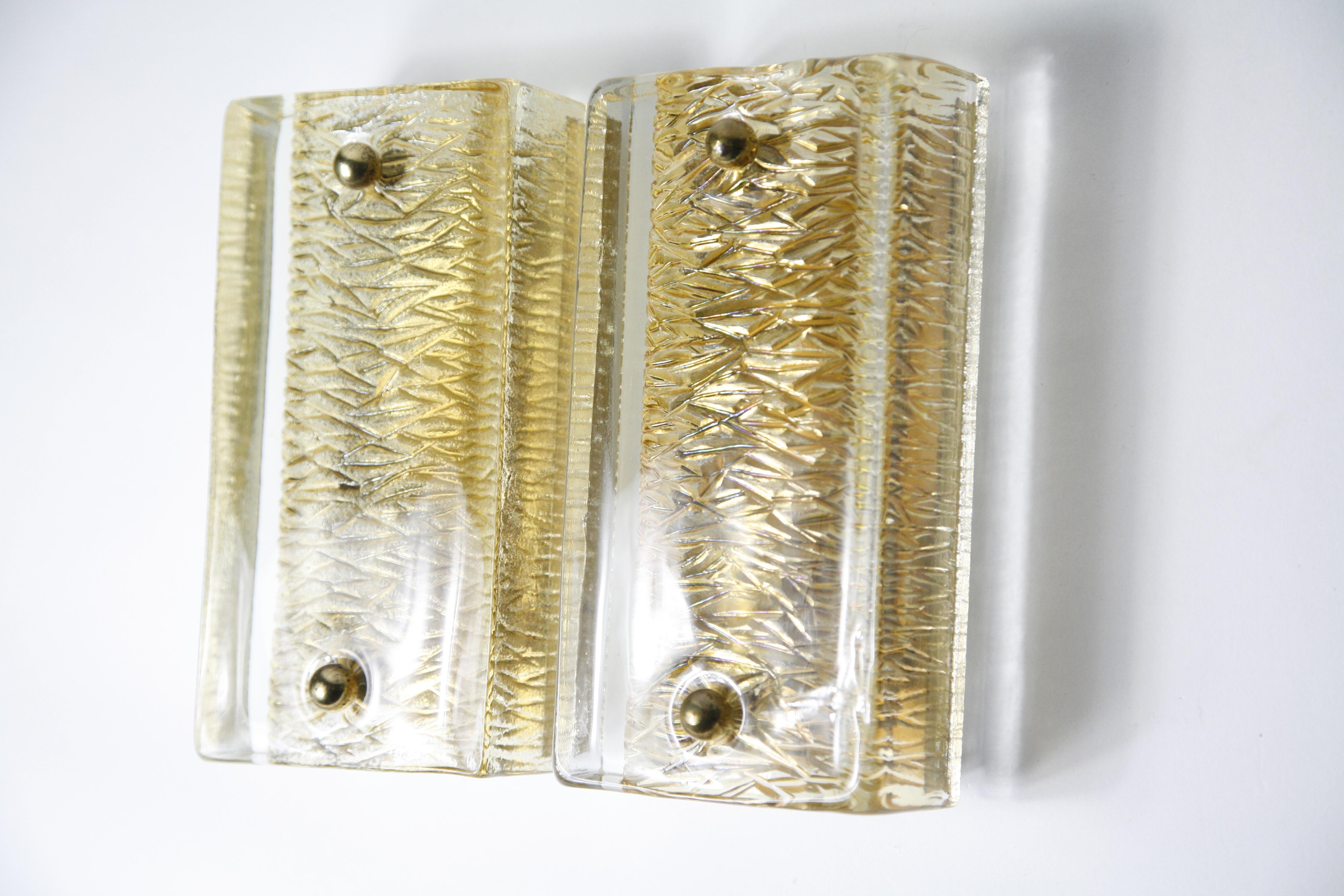 Hand-Crafted Pair of Orrefors Sconces Brass and Crystal Glass Shades by Orrefors Sweden, 1970