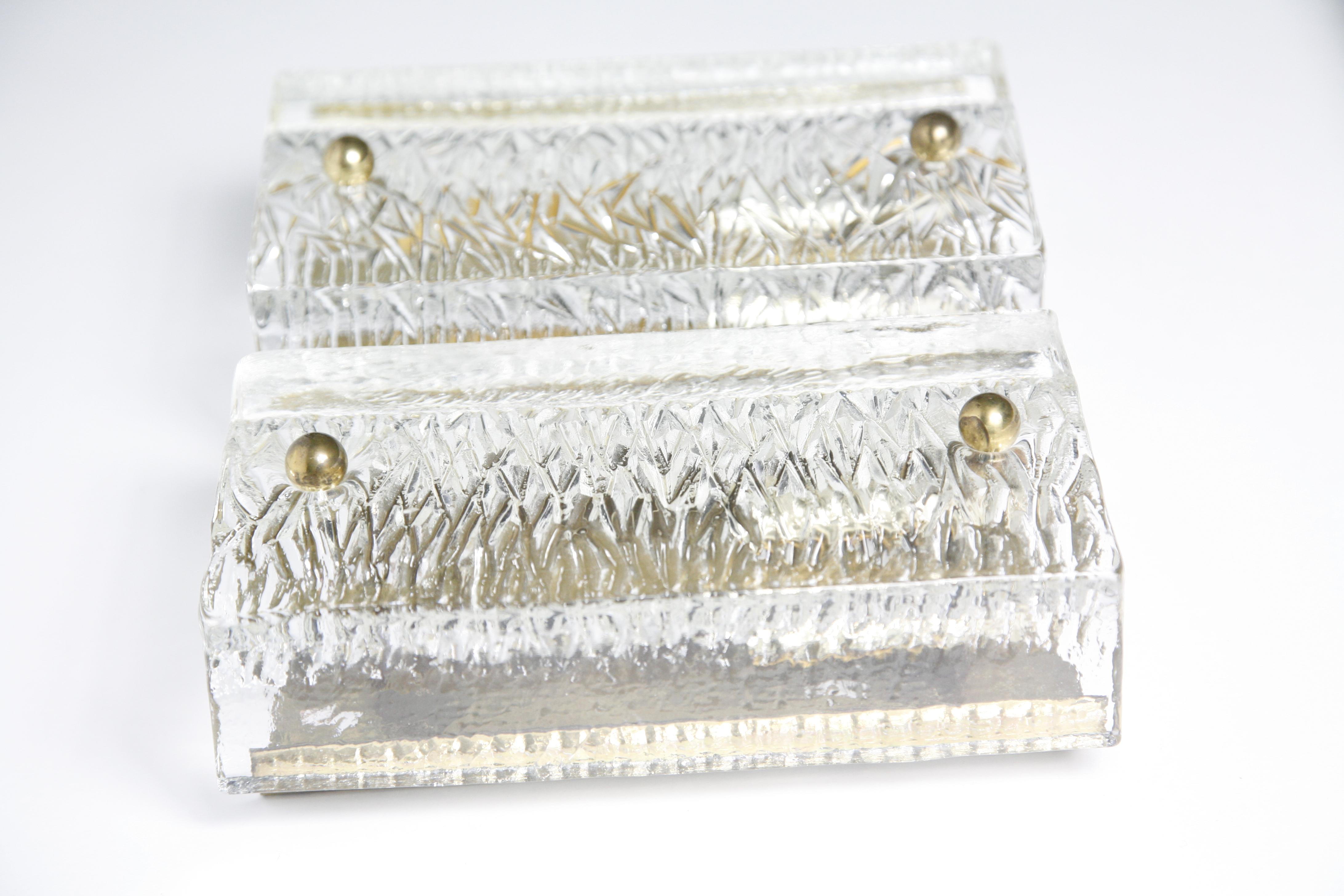 Pair of Orrefors Sconces Brass and Crystal Glass Shades by Orrefors Sweden, 1970 In Good Condition In Bronx, NY