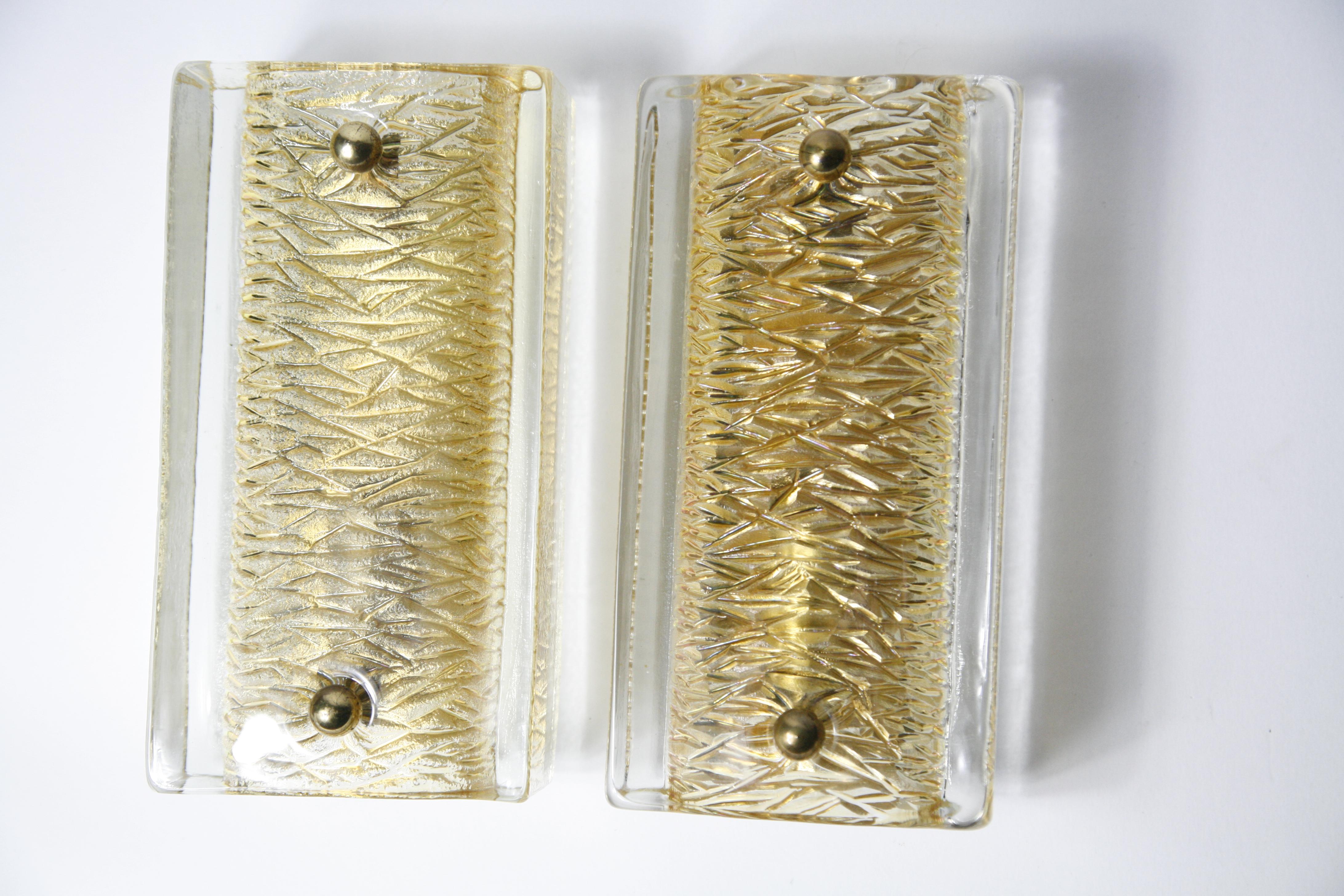 Pair of Orrefors Sconces Brass and Crystal Glass Shades by Orrefors Sweden, 1970 2