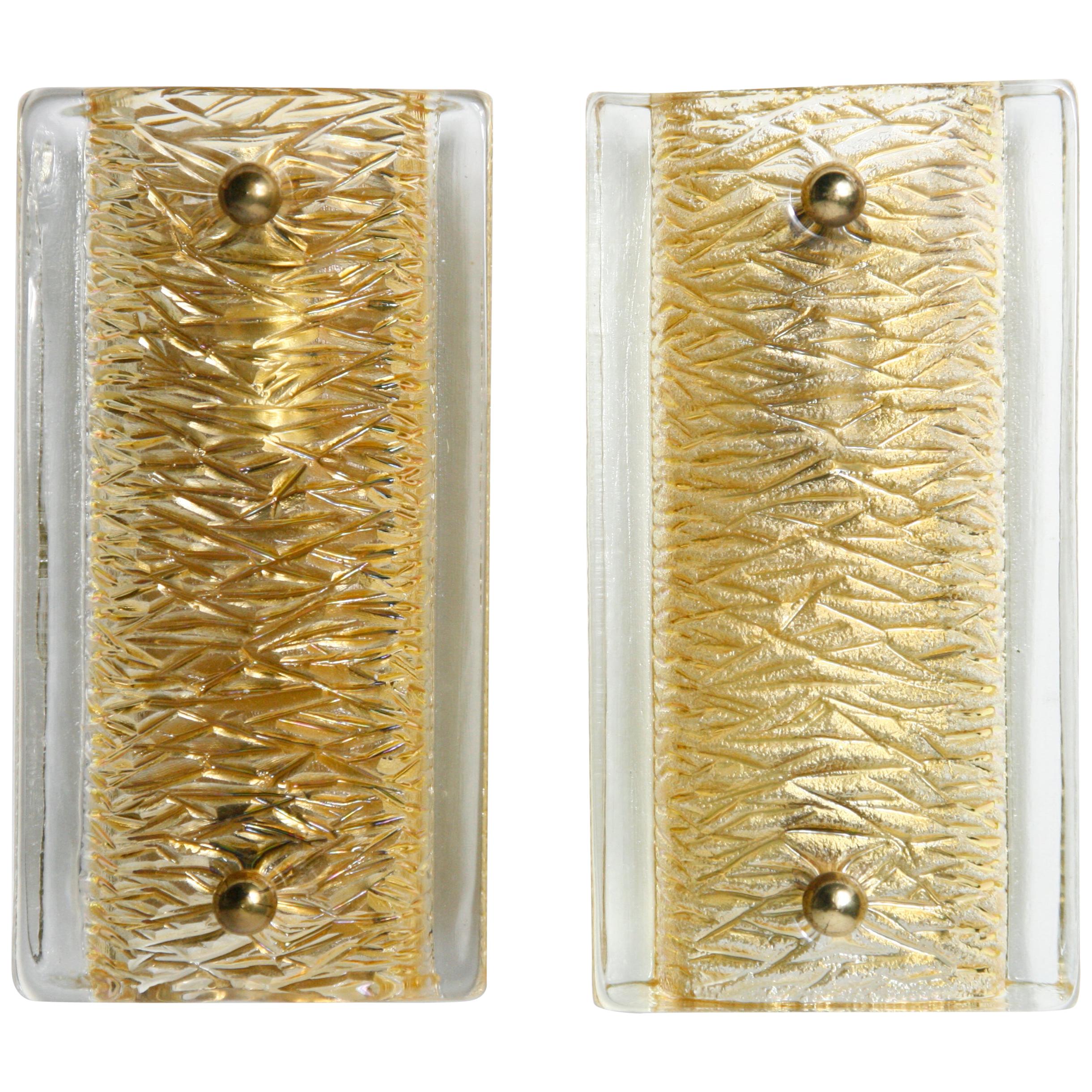 Pair of Orrefors Sconces Brass and Crystal Glass Shades by Orrefors Sweden, 1970