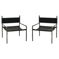 Pair Of Orsed Chairs in Vasted Patinated Bronze with Black Saddle Leather