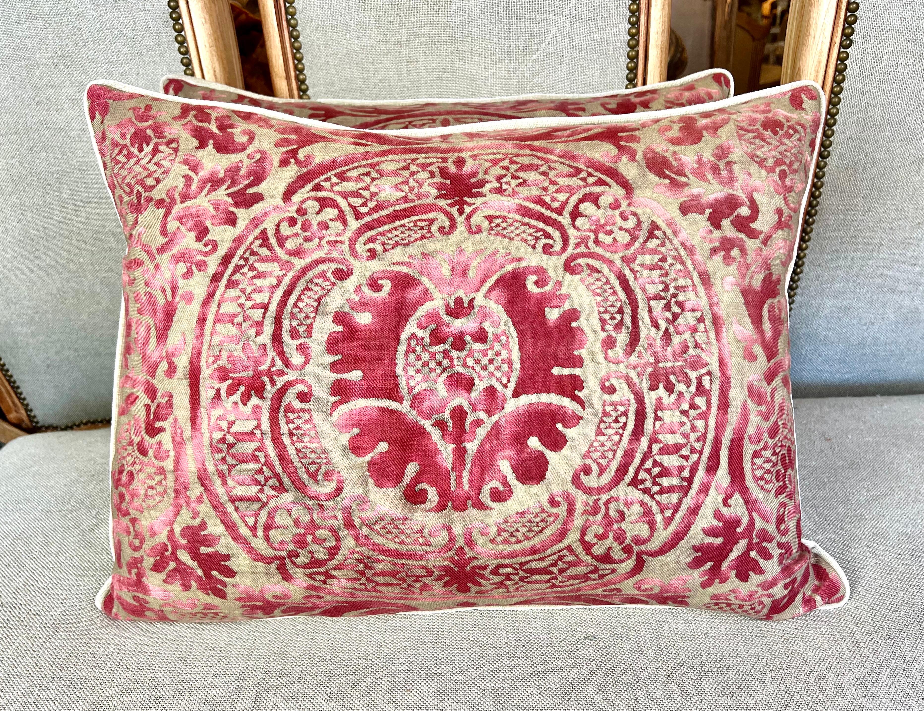 A pair of exquisite Orsini Pattern Fortuny textile pillows, each on a testament to the luxurious and intricate designs that Fortuny is celebrated for.  These pillows are adorned with the Orsini pattern, a design that evokes the opulence and