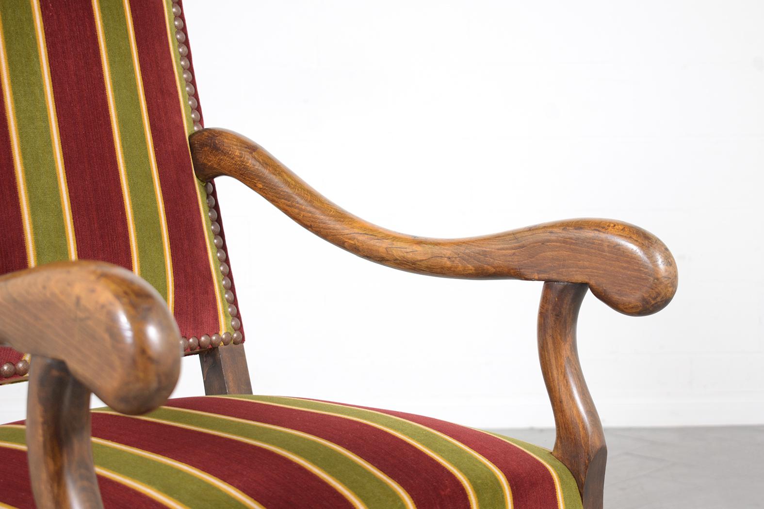 19th Century French Armchairs: Dark Walnut Finish with Striped Velvet Upholstery For Sale 5