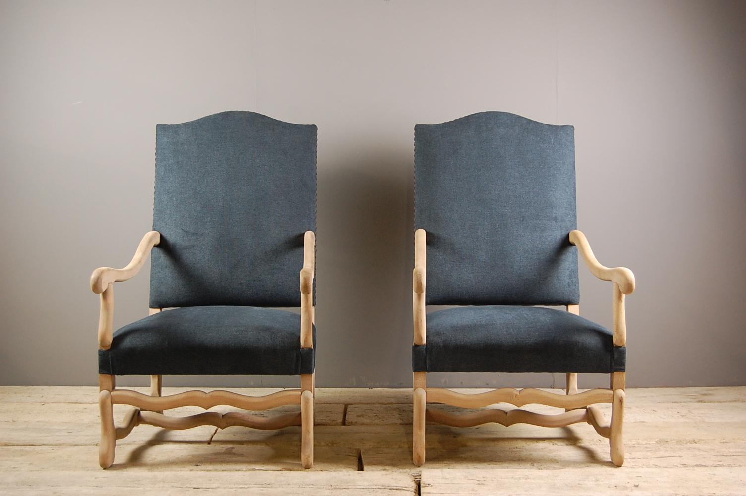 Pair of large scale, sumptuous, bleached reupholstered Os de Mouton armchairs. Priced as a pair.