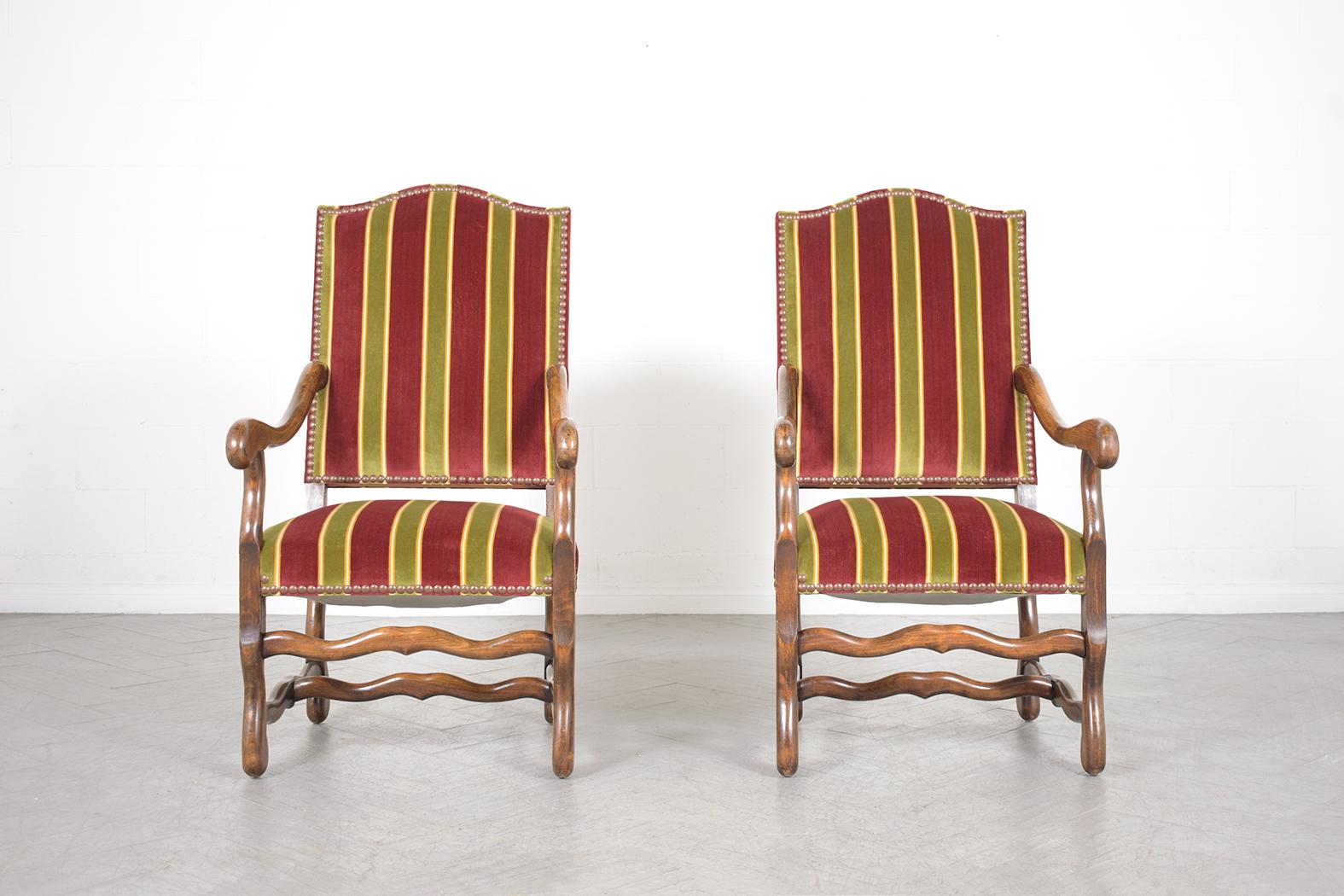 French Provincial 19th Century French Armchairs: Dark Walnut Finish with Striped Velvet Upholstery For Sale