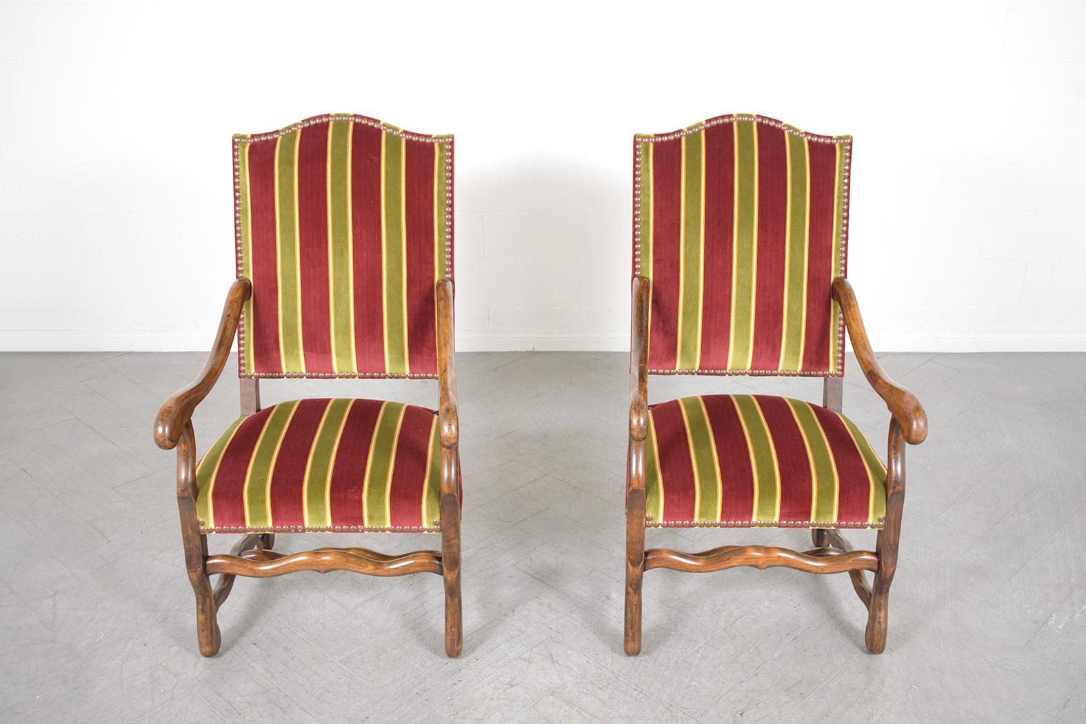Carved 19th Century French Armchairs: Dark Walnut Finish with Striped Velvet Upholstery For Sale