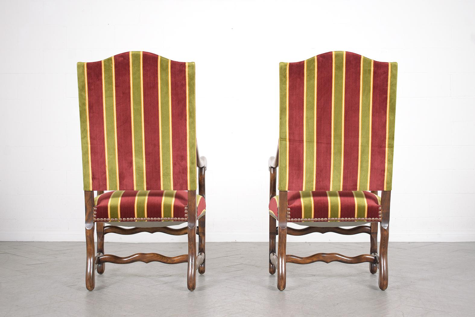 Fabric 19th Century French Armchairs: Dark Walnut Finish with Striped Velvet Upholstery For Sale