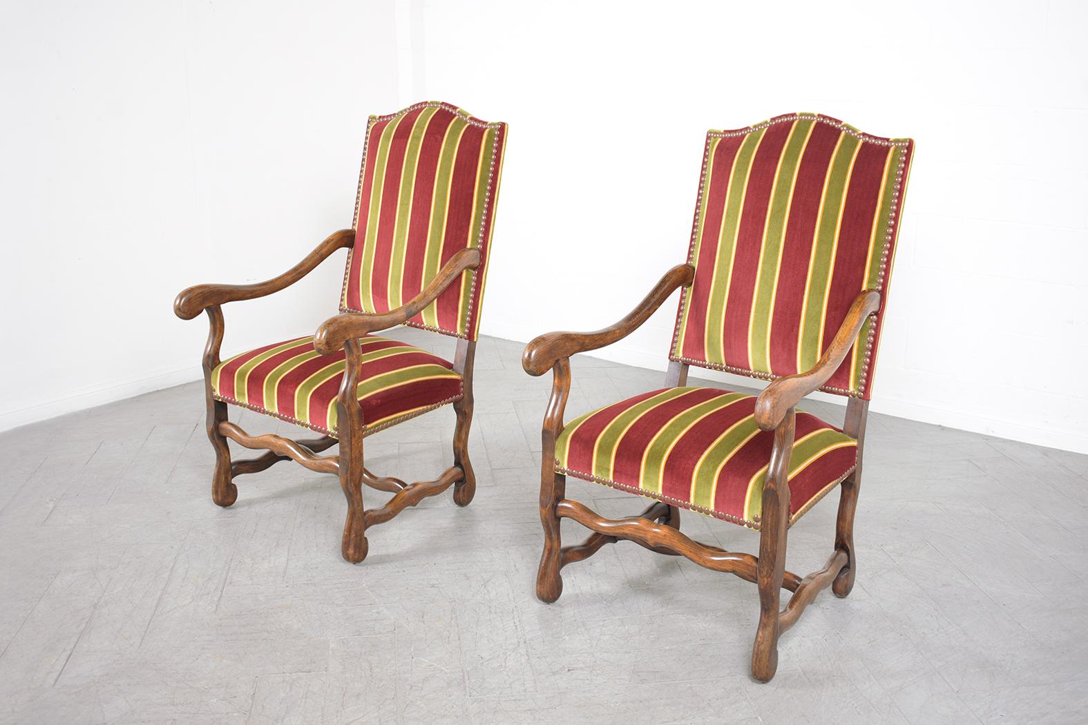 19th Century French Armchairs: Dark Walnut Finish with Striped Velvet Upholstery For Sale 1