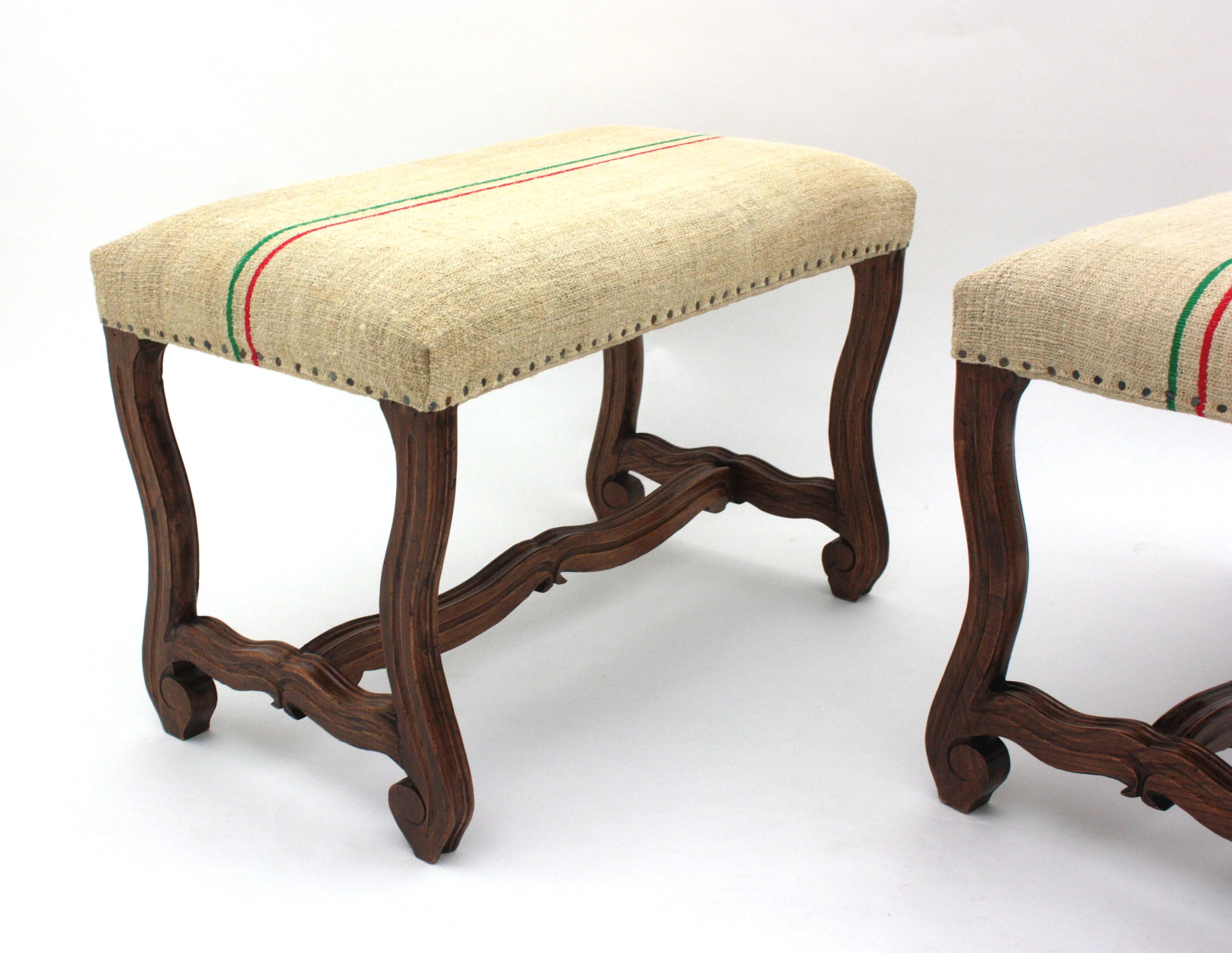 Pair of Os de Mouton Louis XIV Oak Stools New Upholstered in French Linen  For Sale 4