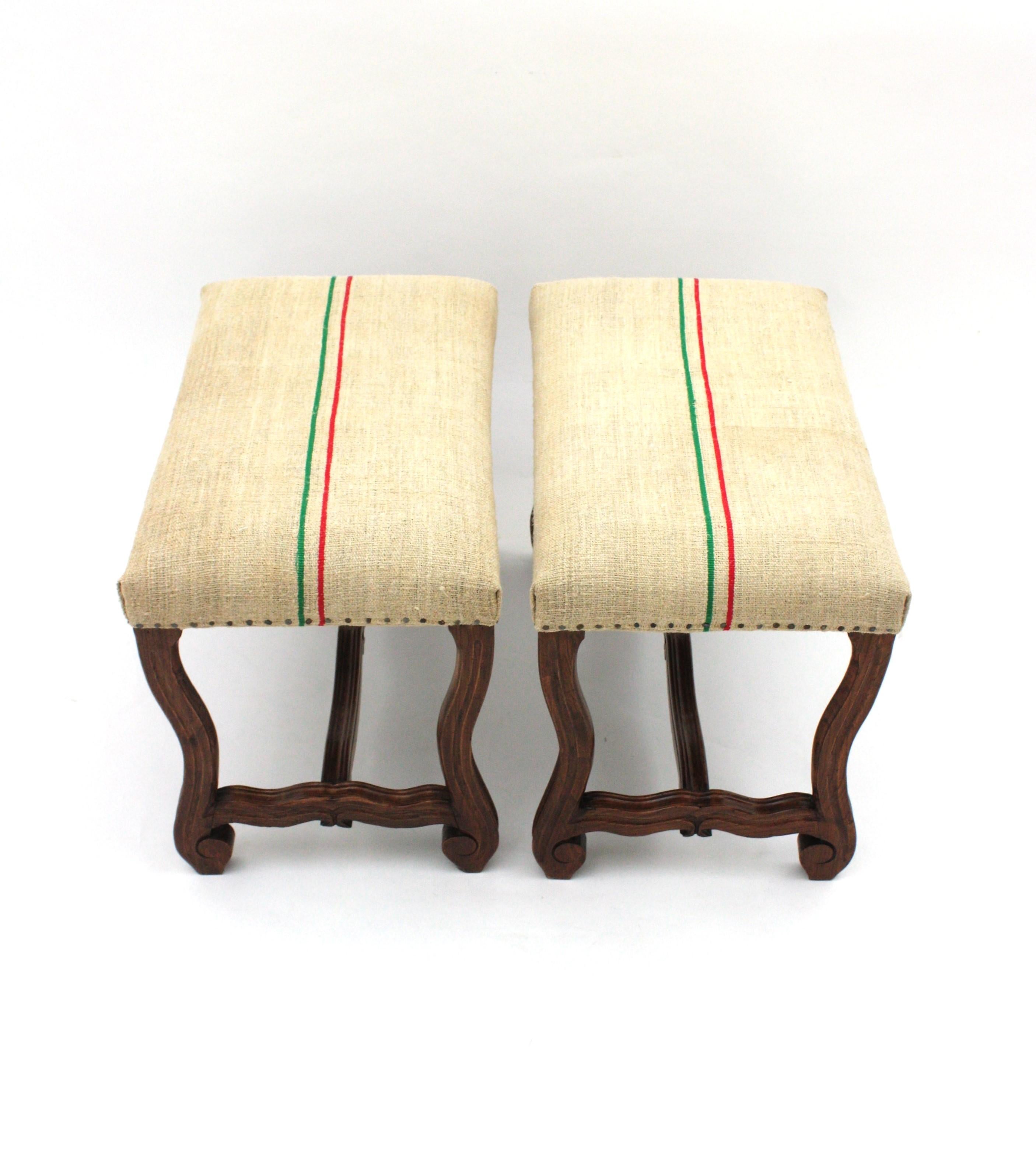 Pair of Os de Mouton Louis XIV Oak Stools New Upholstered in French Linen  For Sale 8