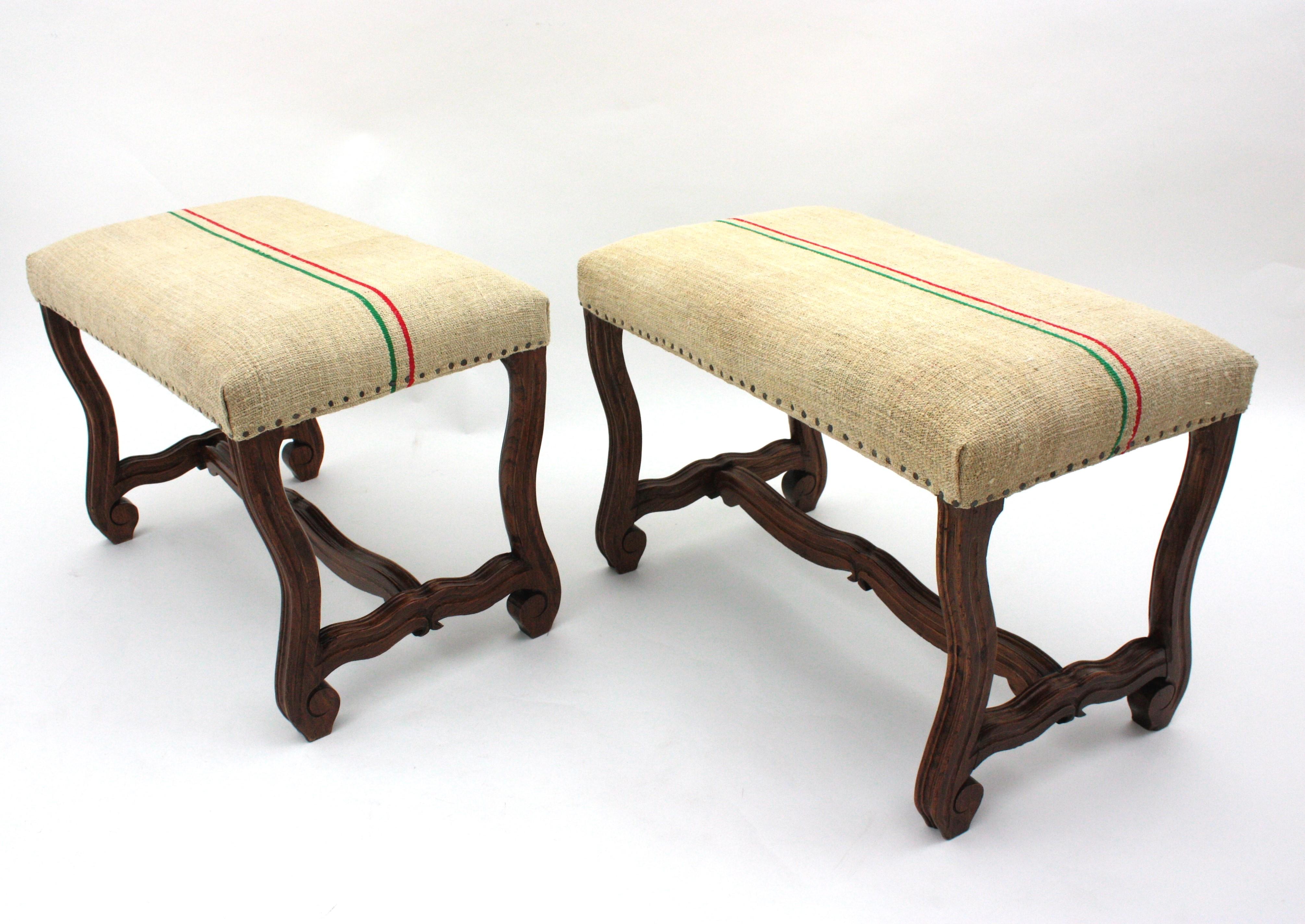 Pair of Os de Mouton Louis XIV Oak Stools New Upholstered in French Linen  For Sale 14